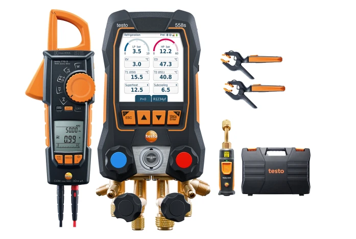 Set de vacío Smart testo 558s con pinza amperimétrica - Analizador digital de refrigeración inteligente con pinza amperimétrica y sondas inalámbricas de temperatura y vacío