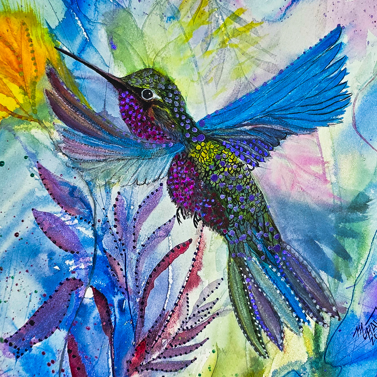 Vibrant Hummingbird Watercolor Painting