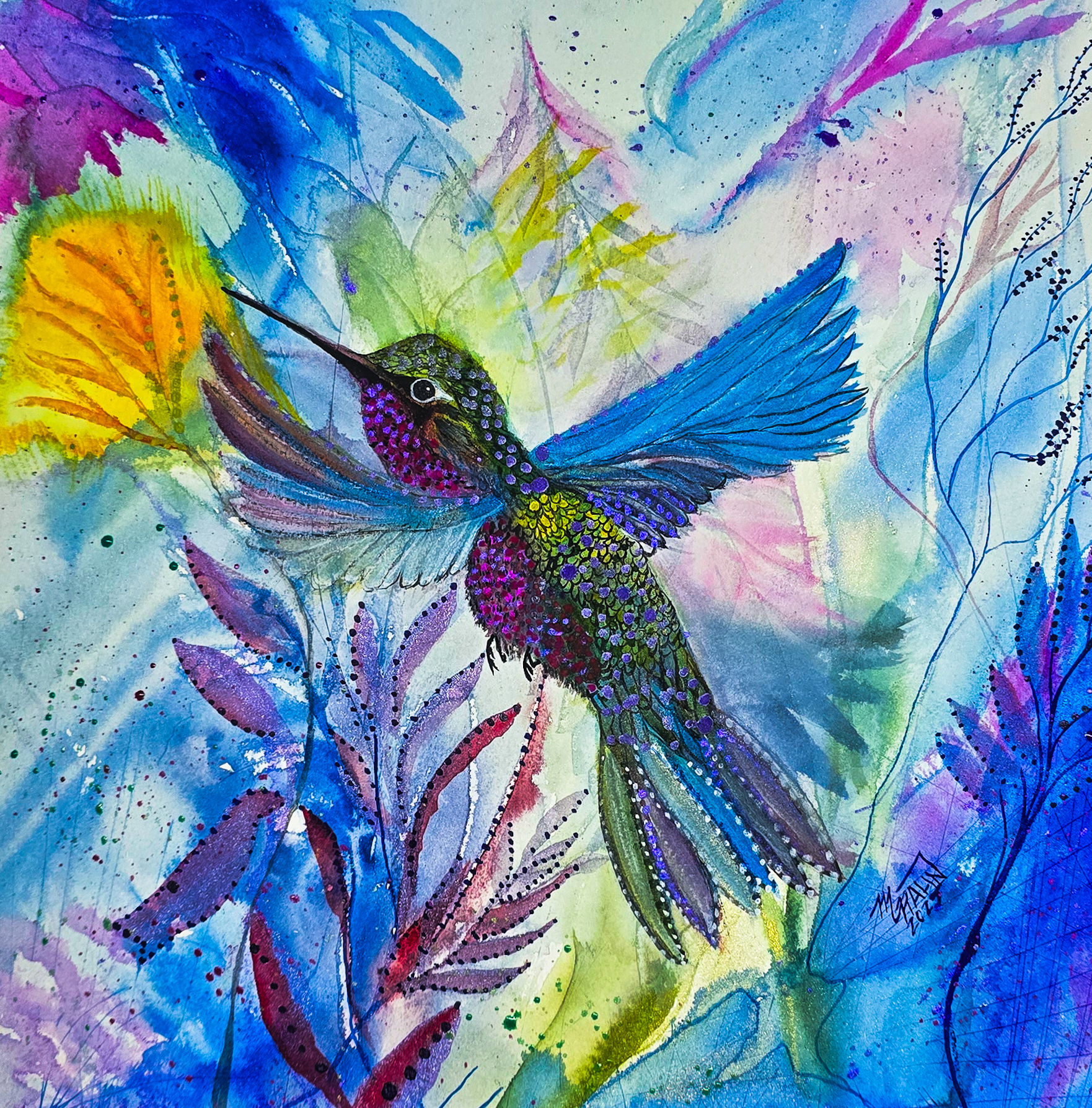 Vibrant Hummingbird Watercolor Painting