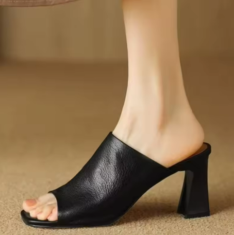Black Leather Mules