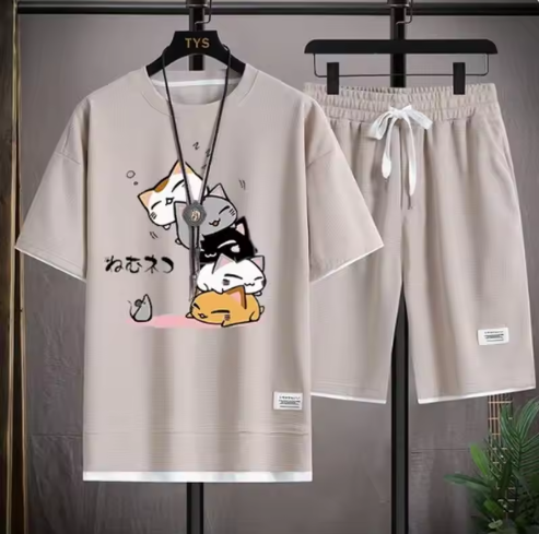 Casual Cat Print T-Shirt and Shorts Set