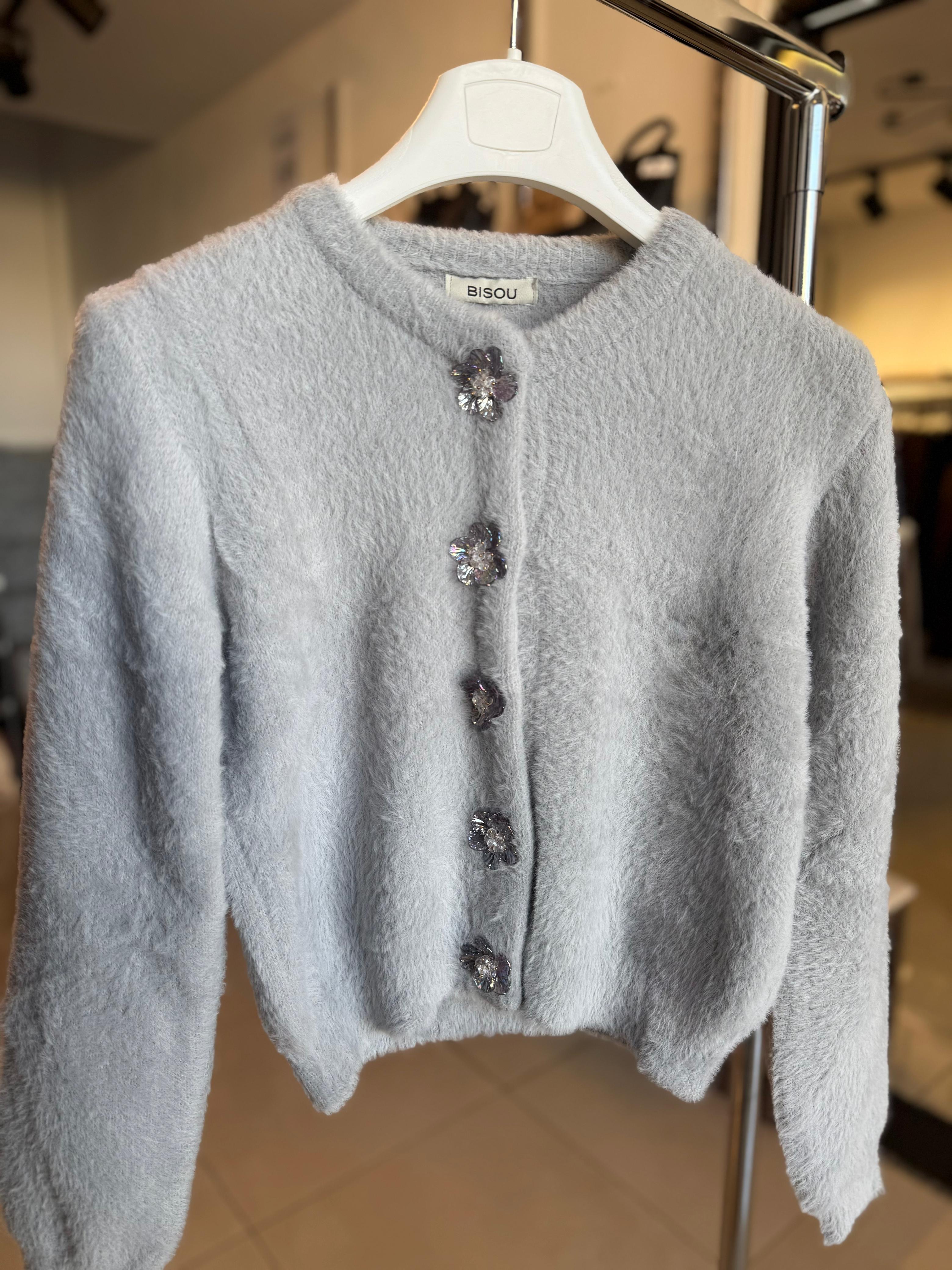 Flower Button Fluffy Cardigan 