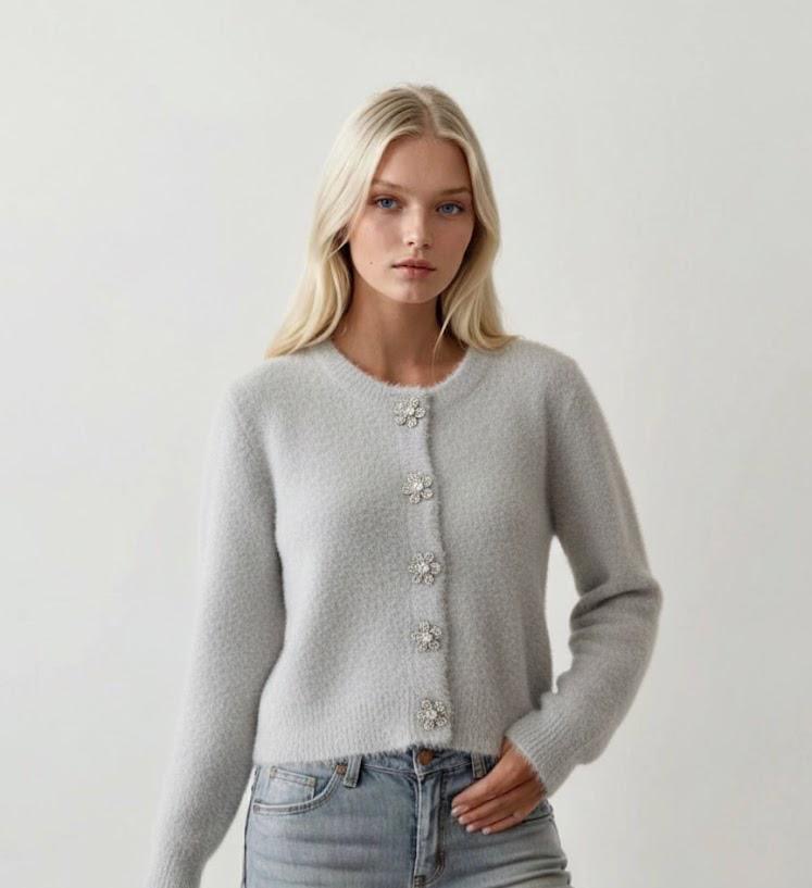 Flower Button Fluffy Cardigan 