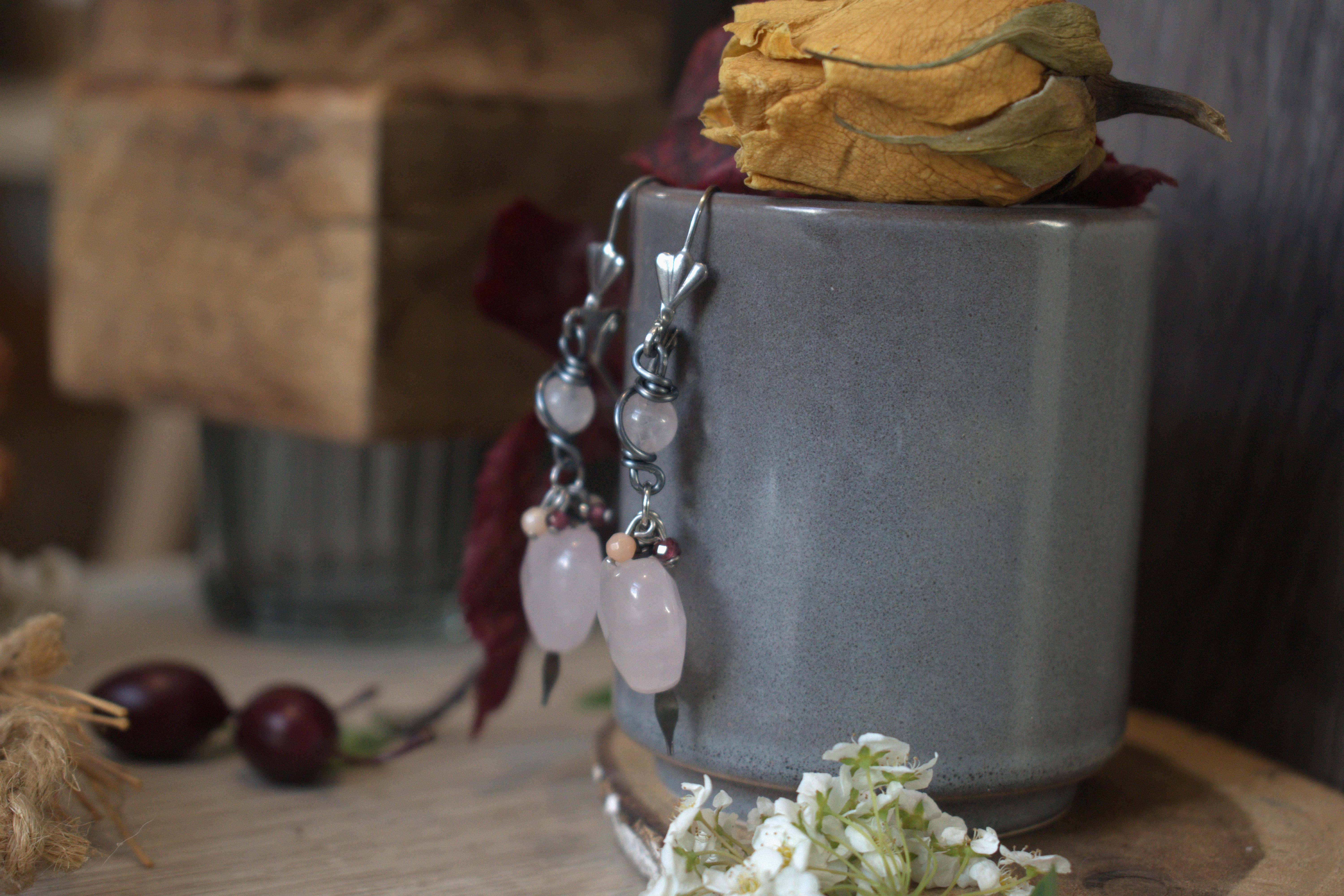Boucles d'oreilles ~Philtre d'Amour~ Quartz Rose 