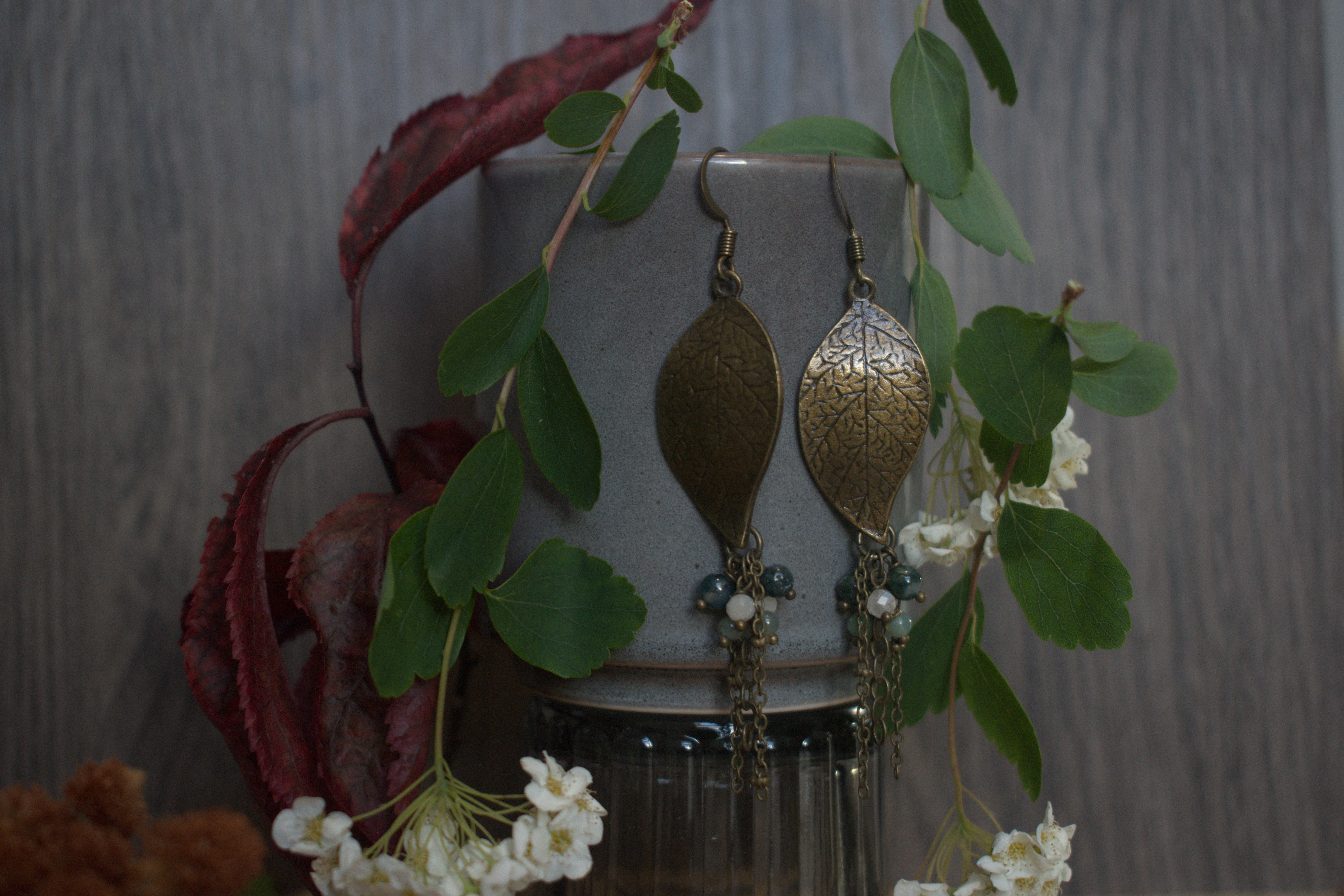 Boucles d'Oreilles ~Feuilles Mystiques~ Agate Mousse & Péristérite
