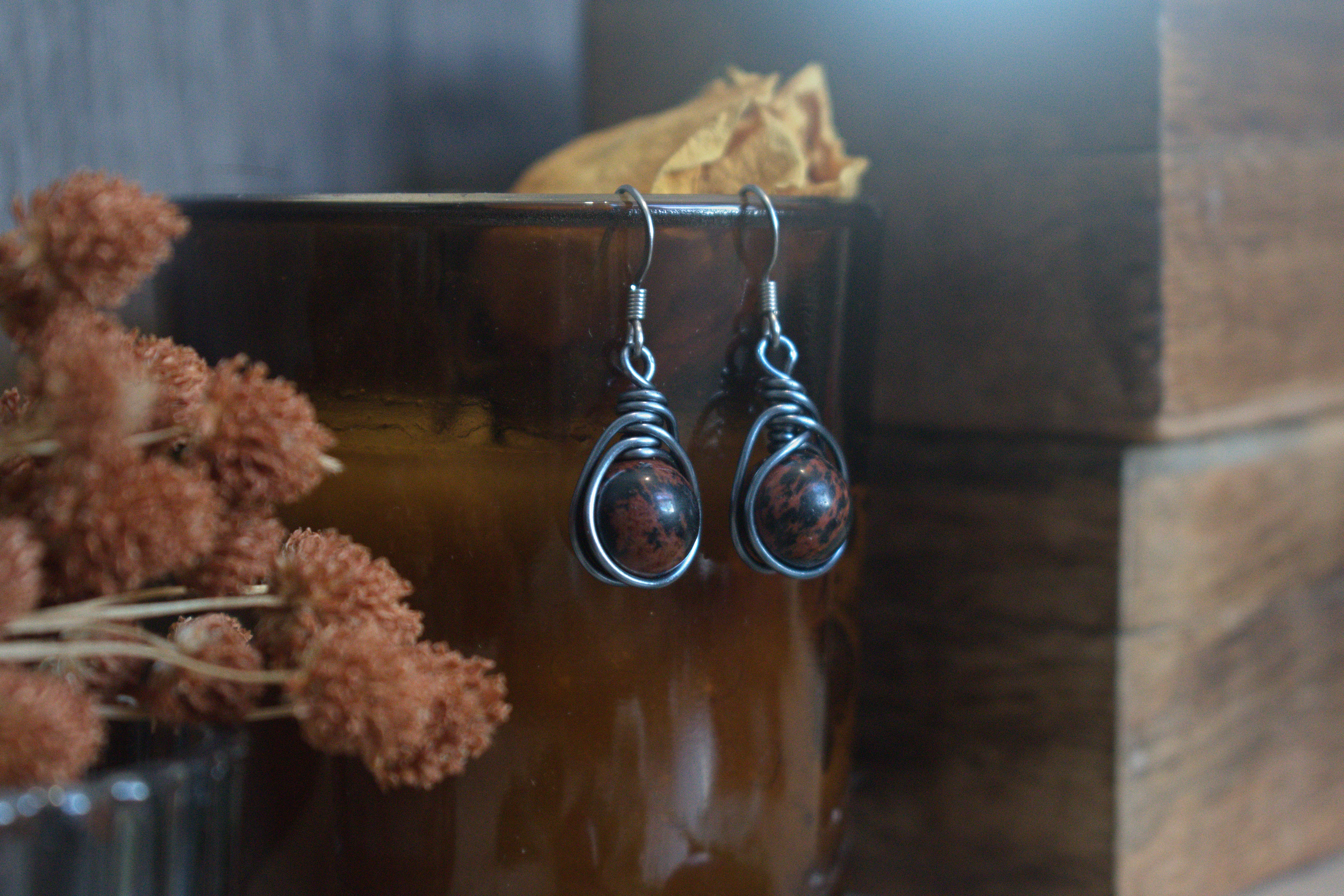 Boucles d'Oreilles ~Orëa~ Obsidienne Acajou