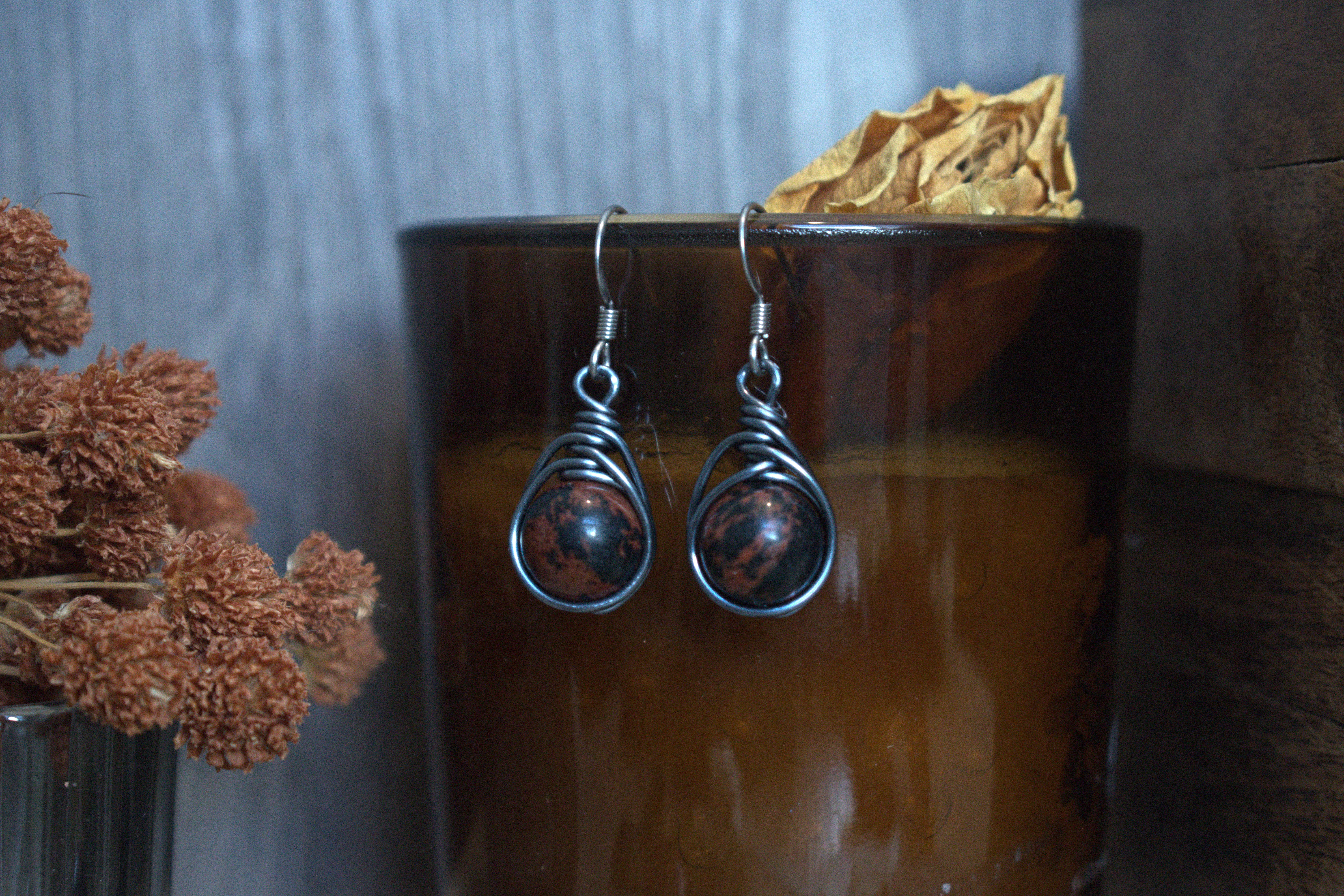 Boucles d'Oreilles ~Orëa~ Obsidienne Acajou