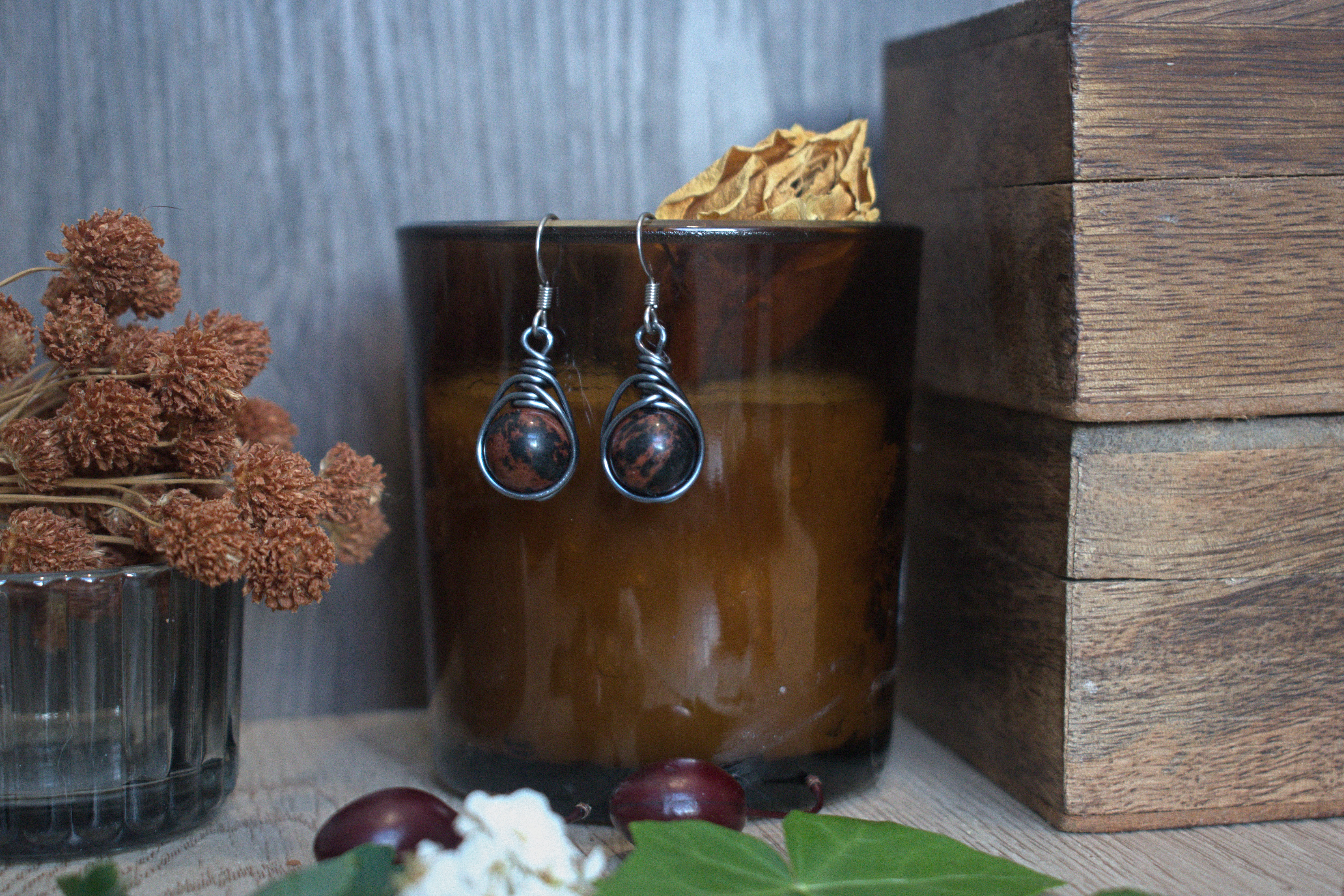 Boucles d'Oreilles ~Orëa~ Obsidienne Acajou