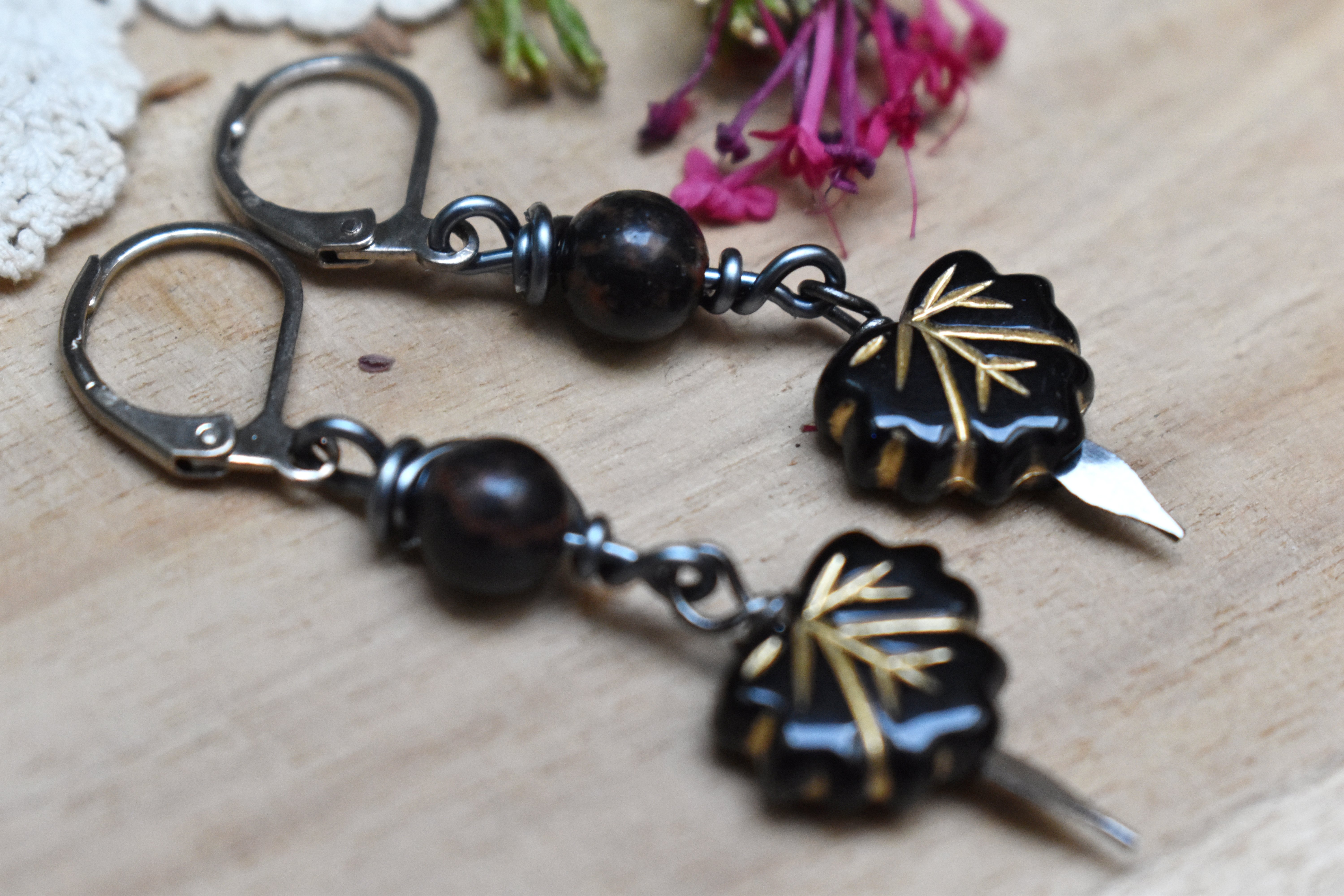 Boucles d'Oreilles ~Lyséa~ Obsidienne Acajou