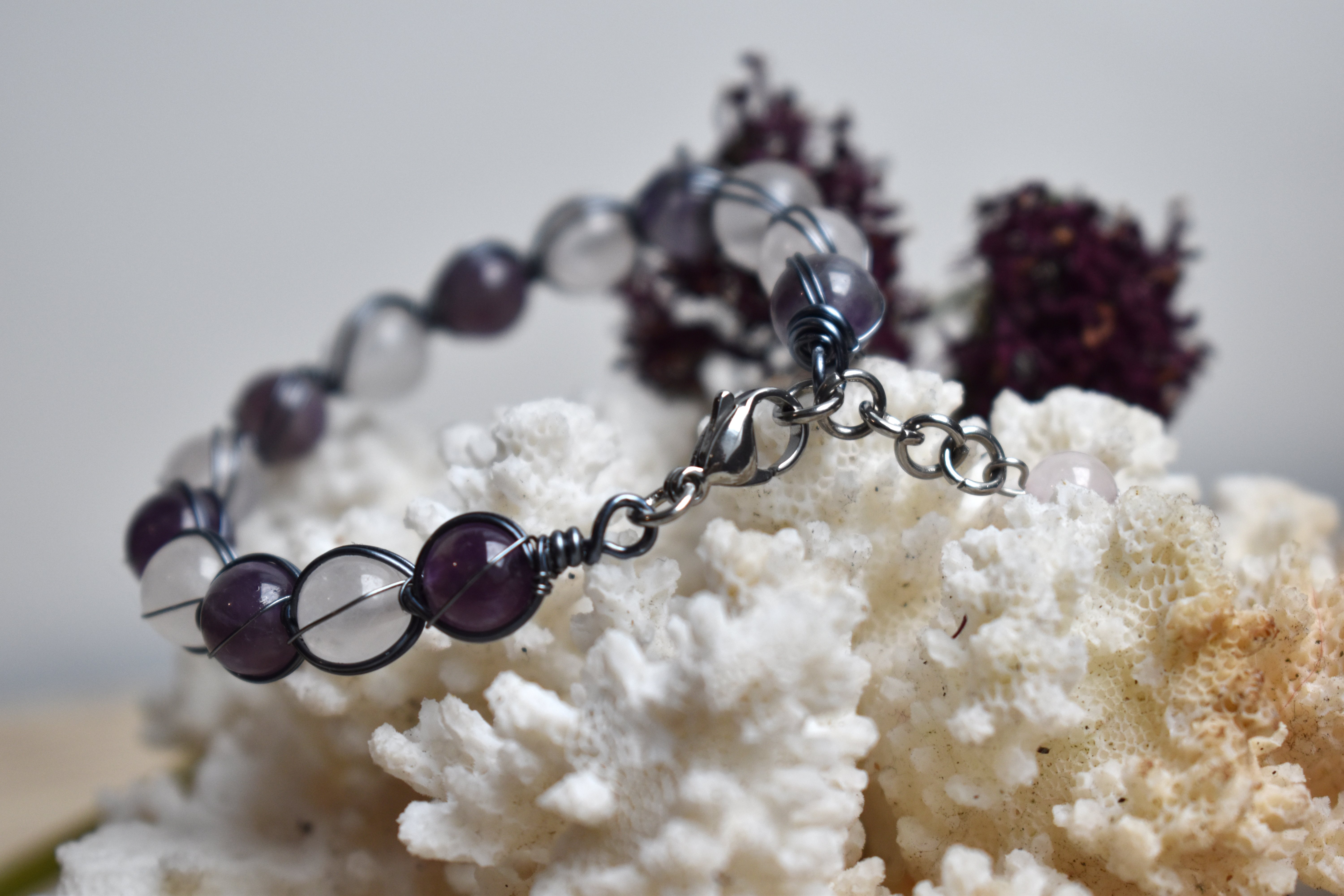 Bracelet ~Aralia~ Améthyste & Quartz Rose 