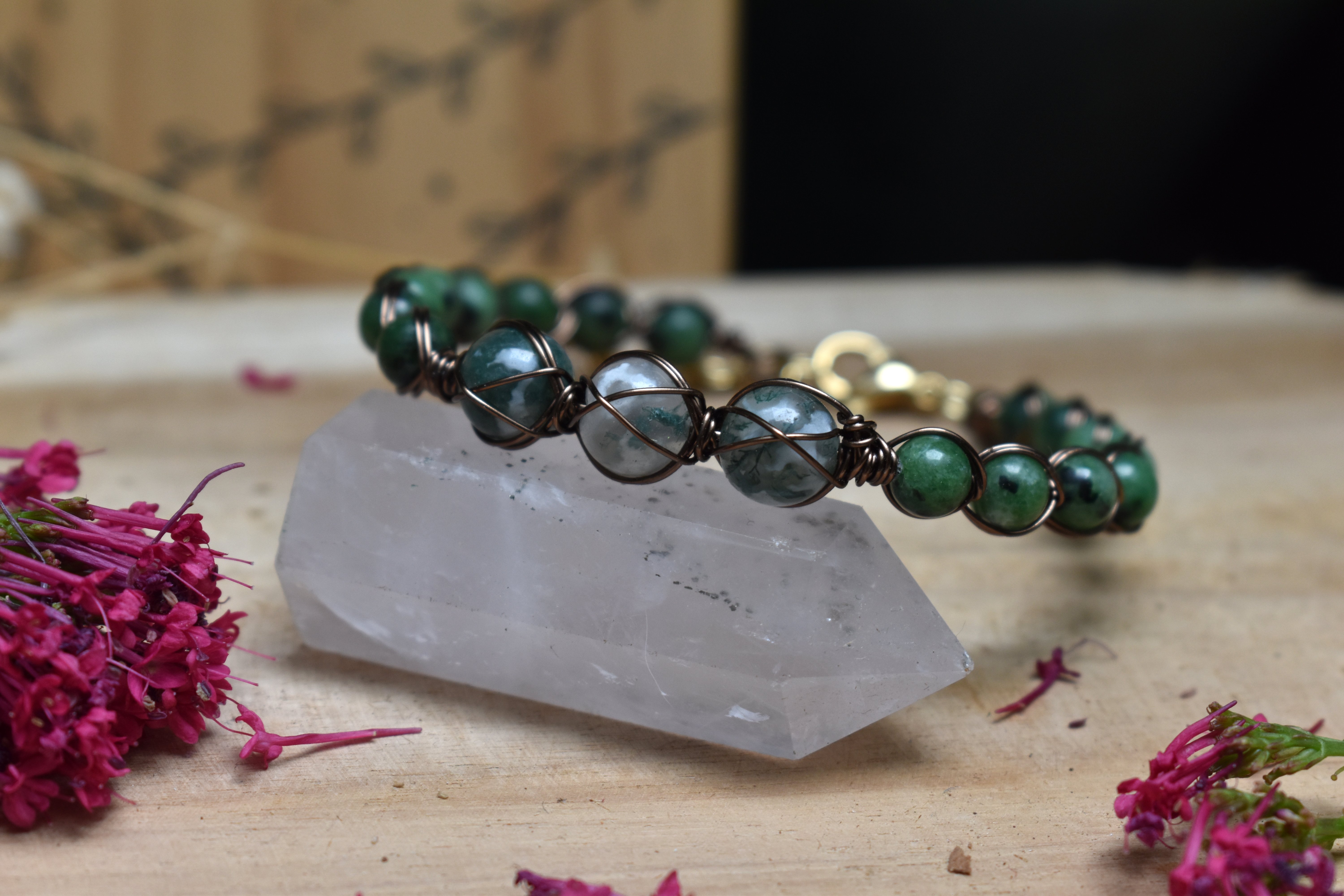 Bracelet ~Murmure des Bois~ Agate Mousse & Rubis Zoizite