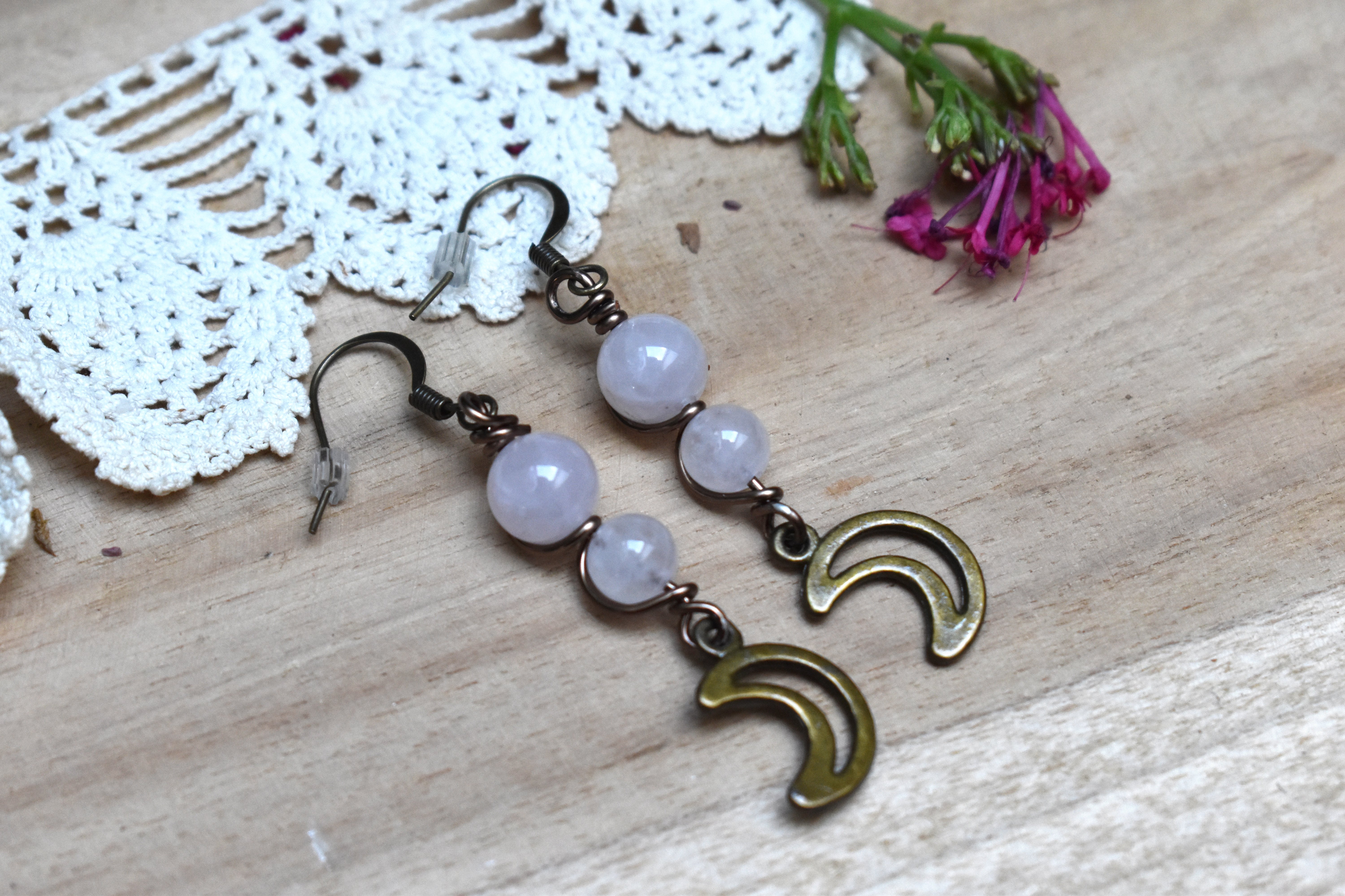 Boucles d'Oreilles ~Elys~ Quartz Rose