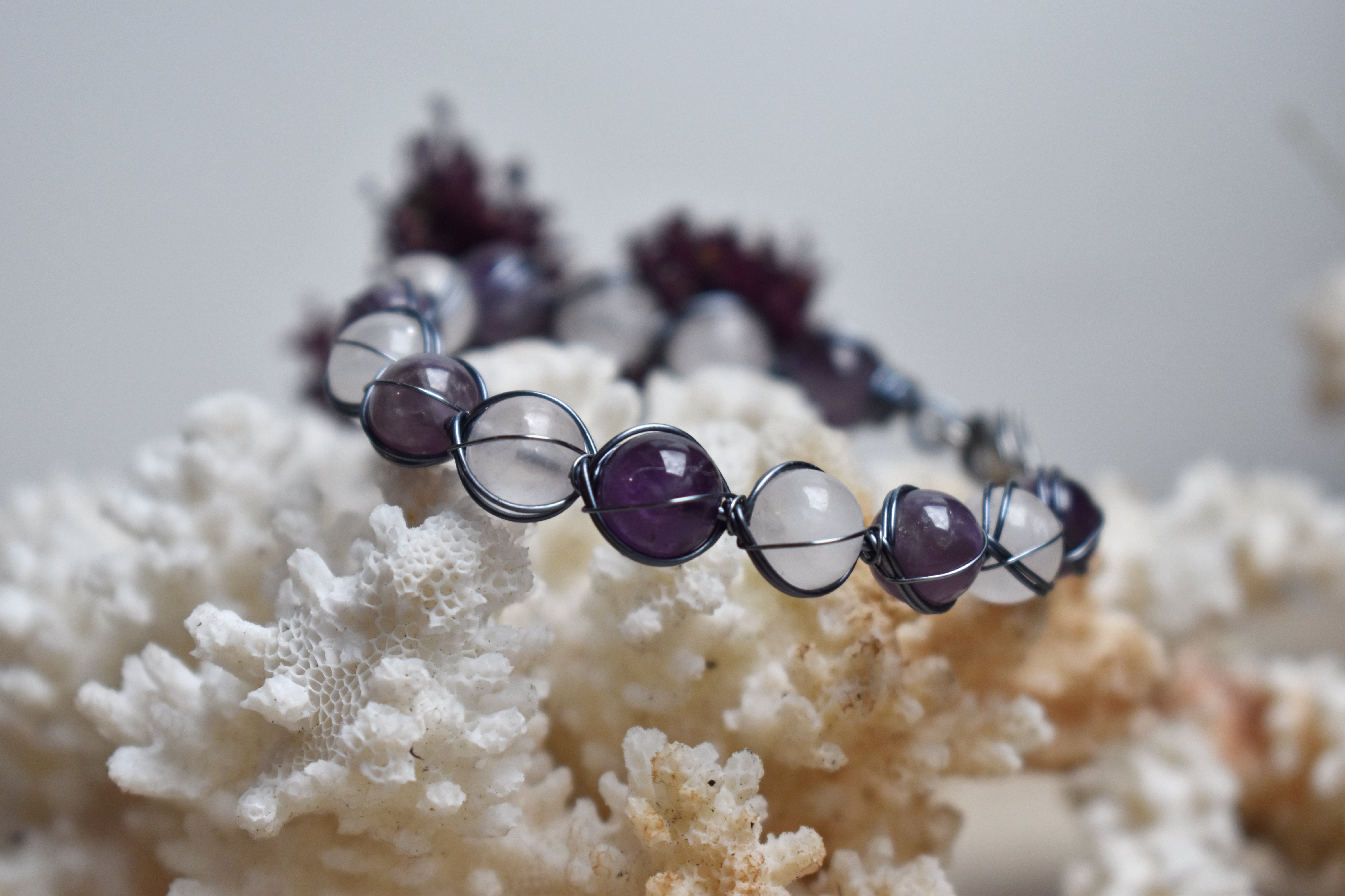 Bracelet ~Aralia~ Améthyste & Quartz Rose 