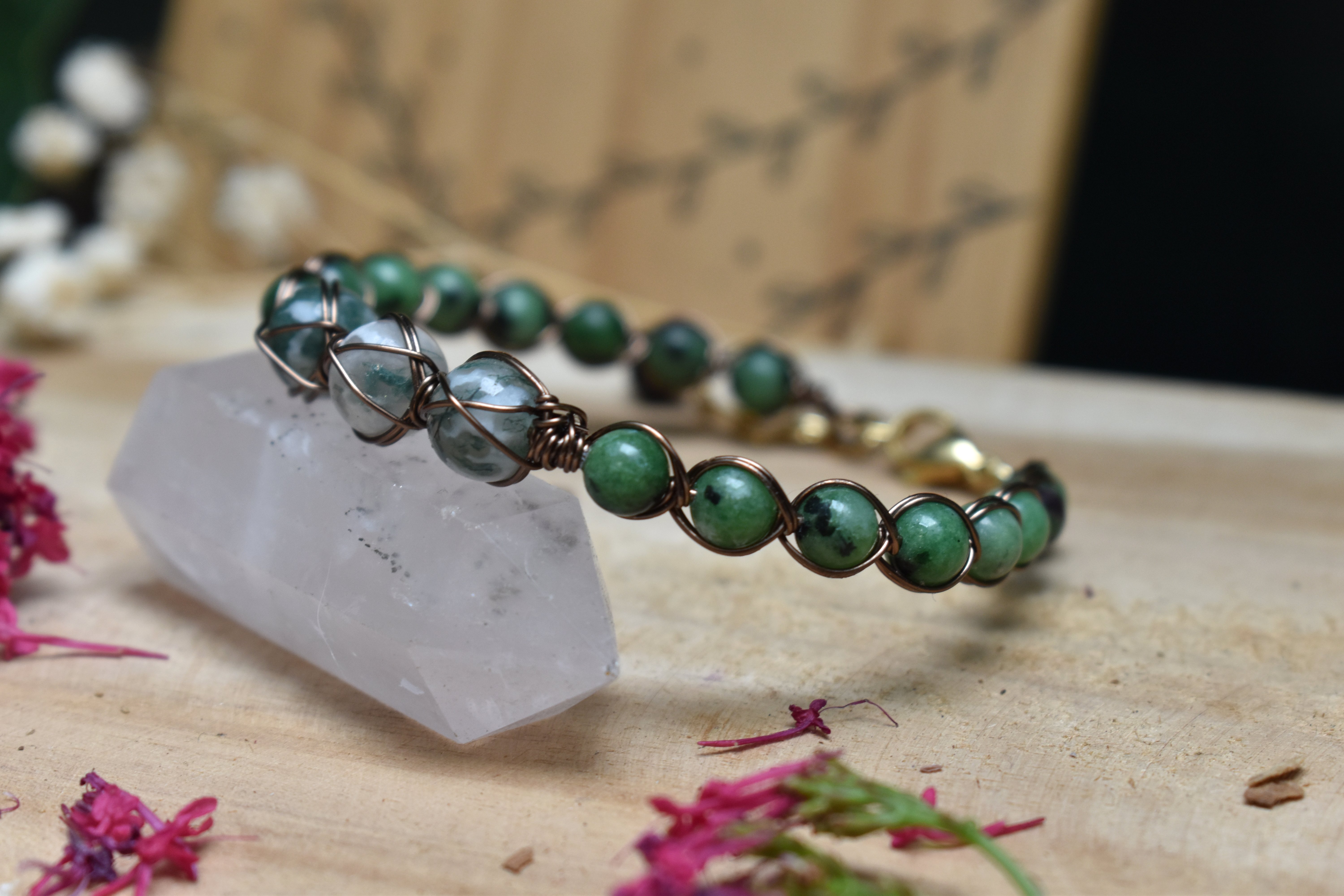 Bracelet ~Murmure des Bois~ Agate Mousse & Rubis Zoizite