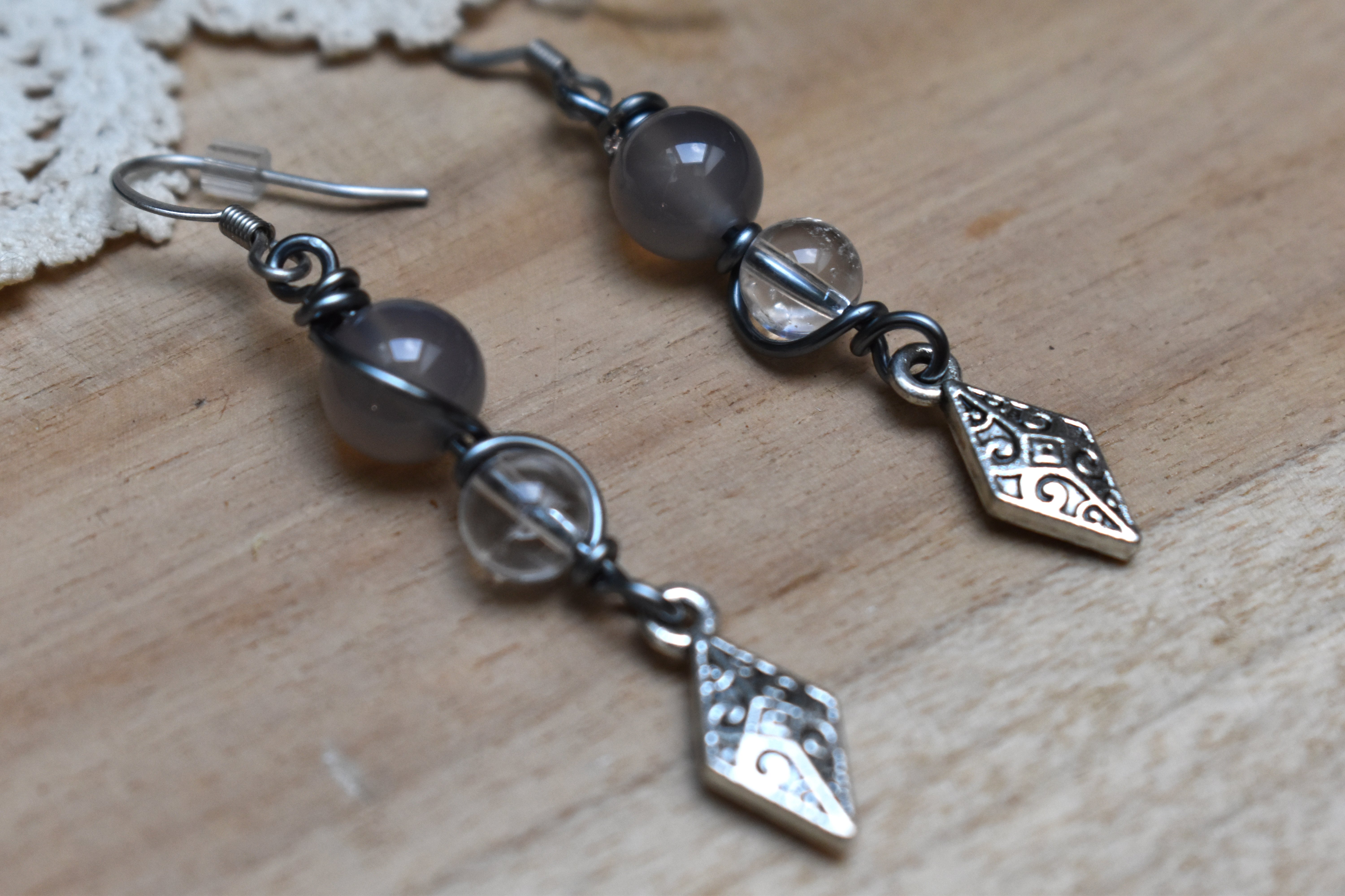 Boucles d'Oreilles ~Elys~ Agate Grise