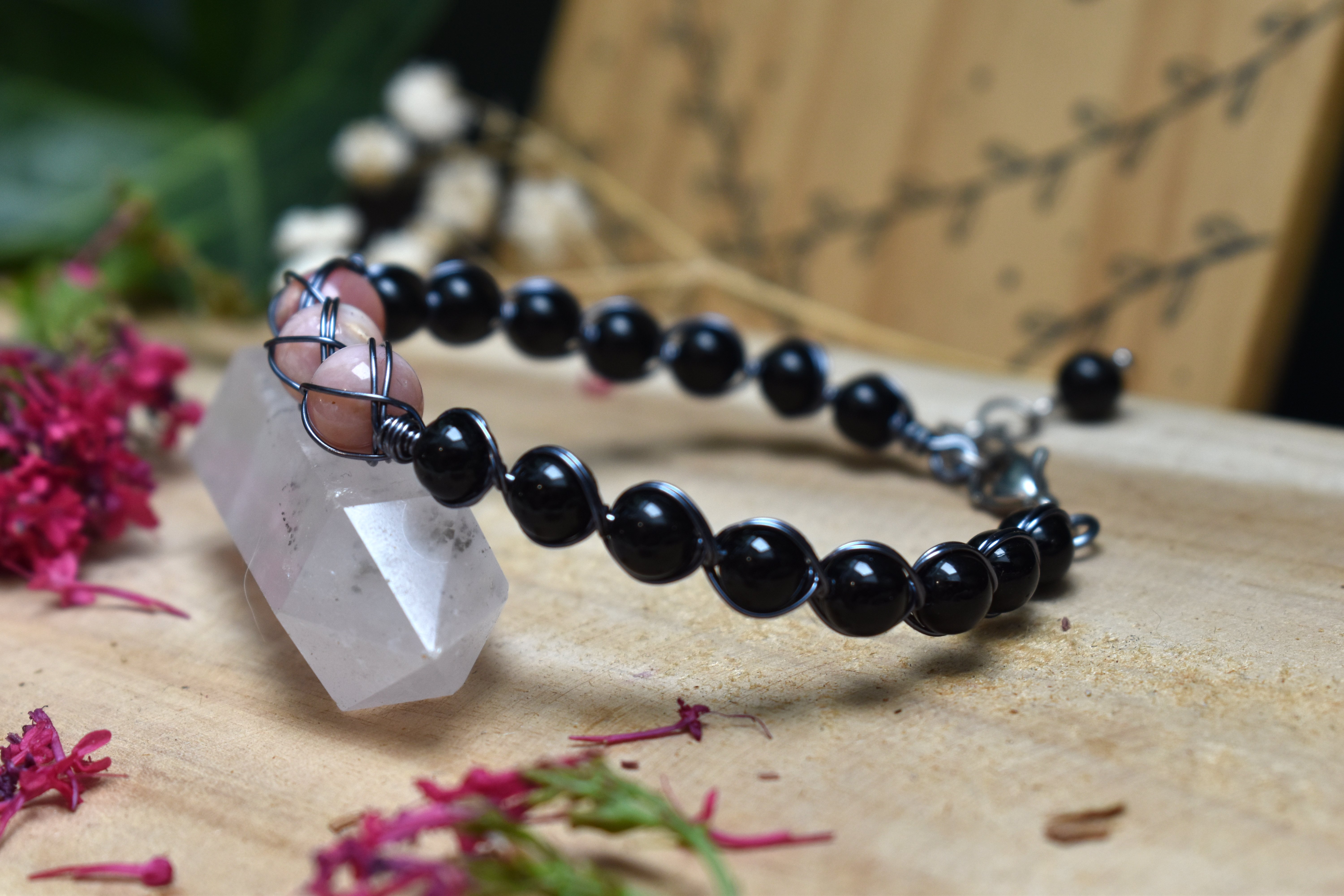 Bracelet ~Murmure des Bois~ Opale Rose & Obsidienne
