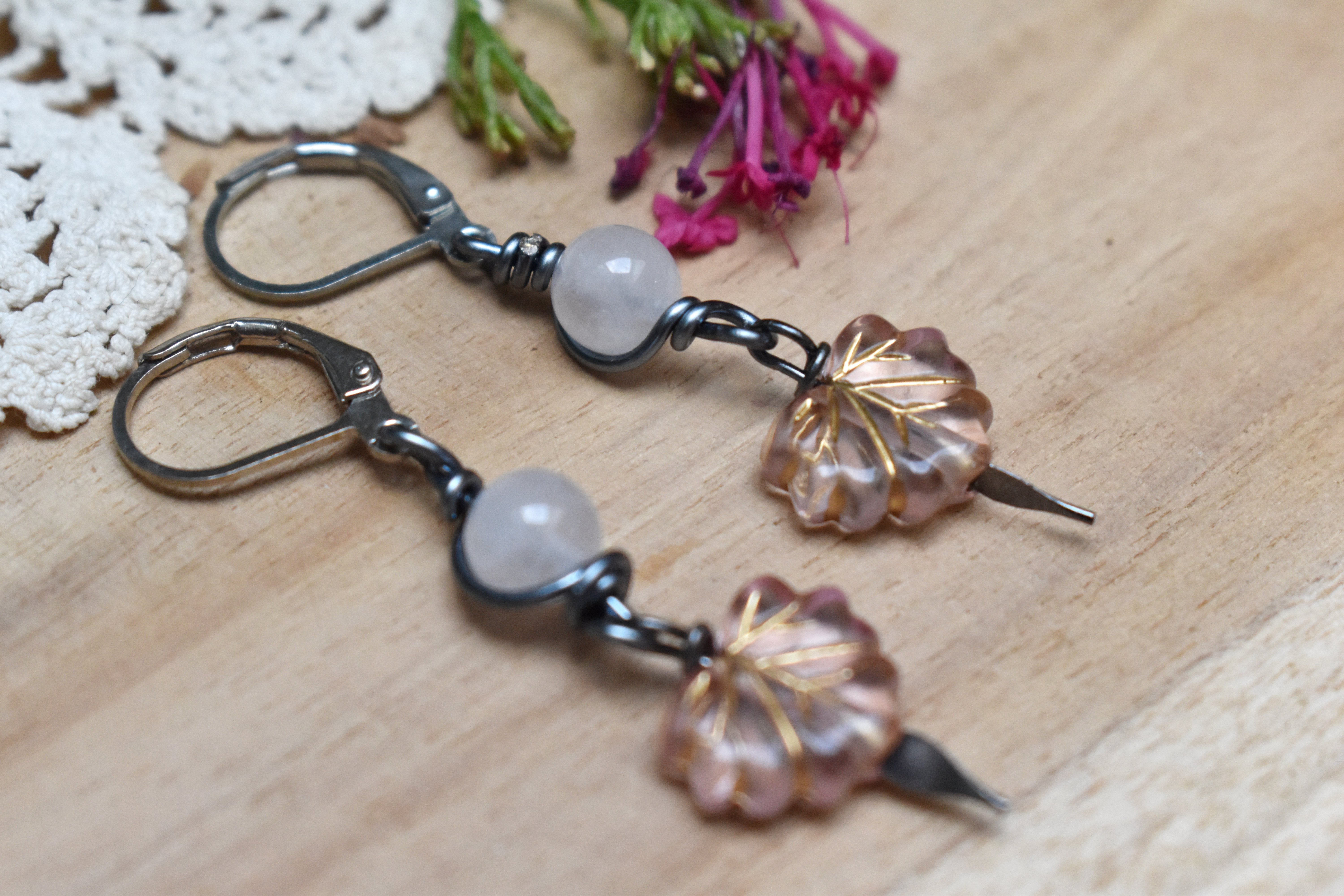 Boucles d'Oreilles ~Lyséa~ Quartz Rose 
