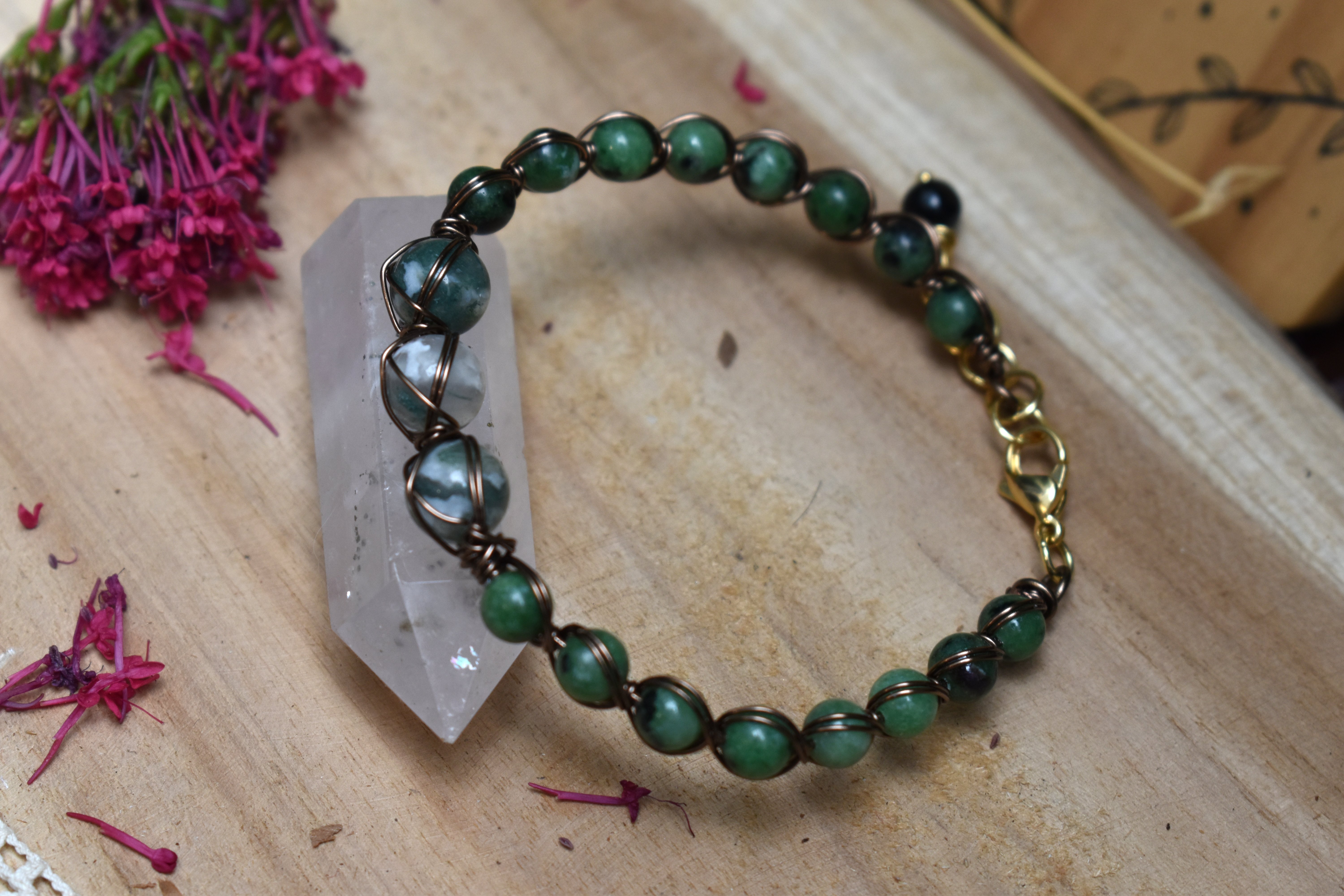 Bracelet ~Murmure des Bois~ Agate Mousse & Rubis Zoizite