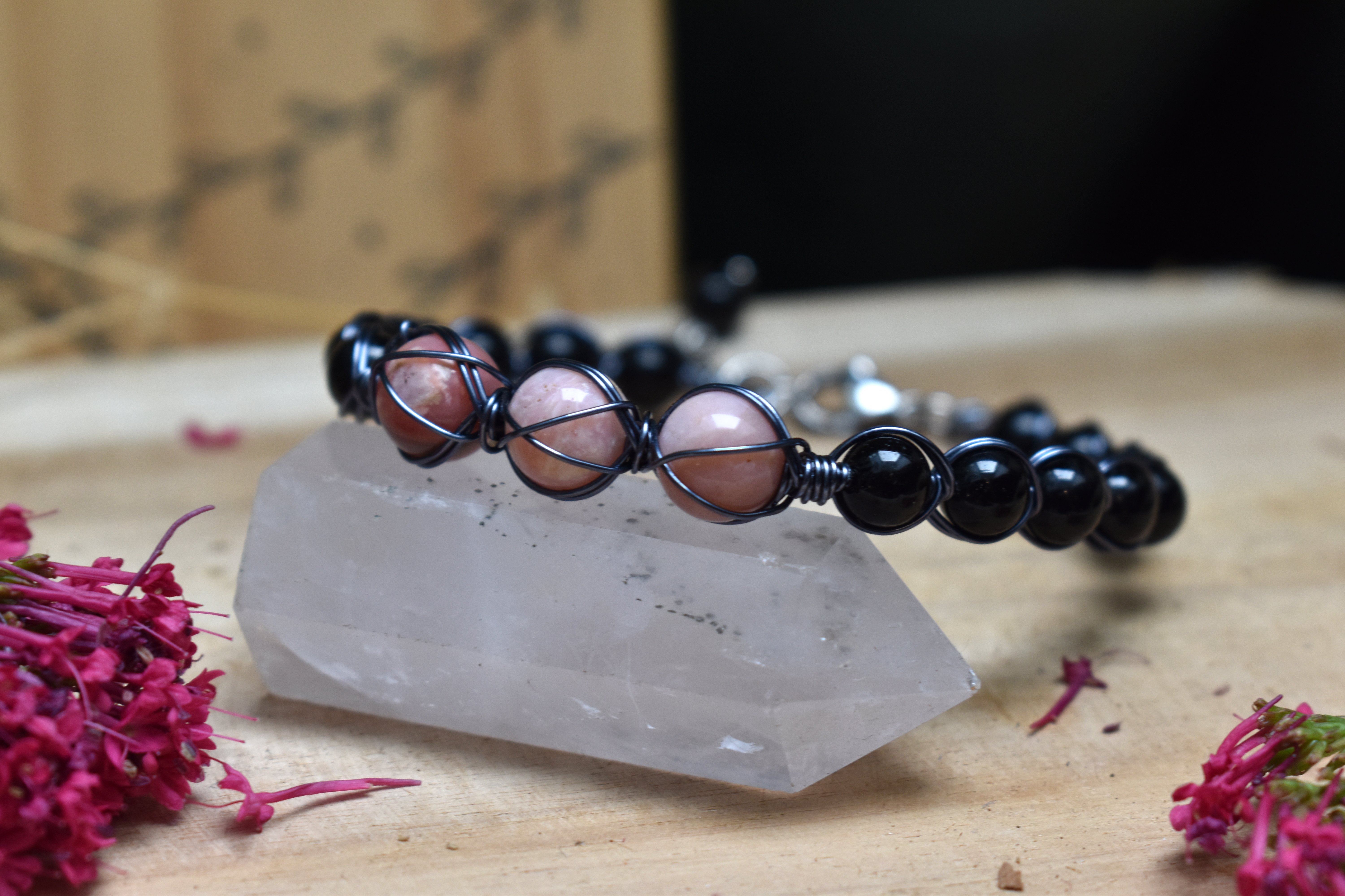 Bracelet ~Murmure des Bois~ Opale Rose & Obsidienne