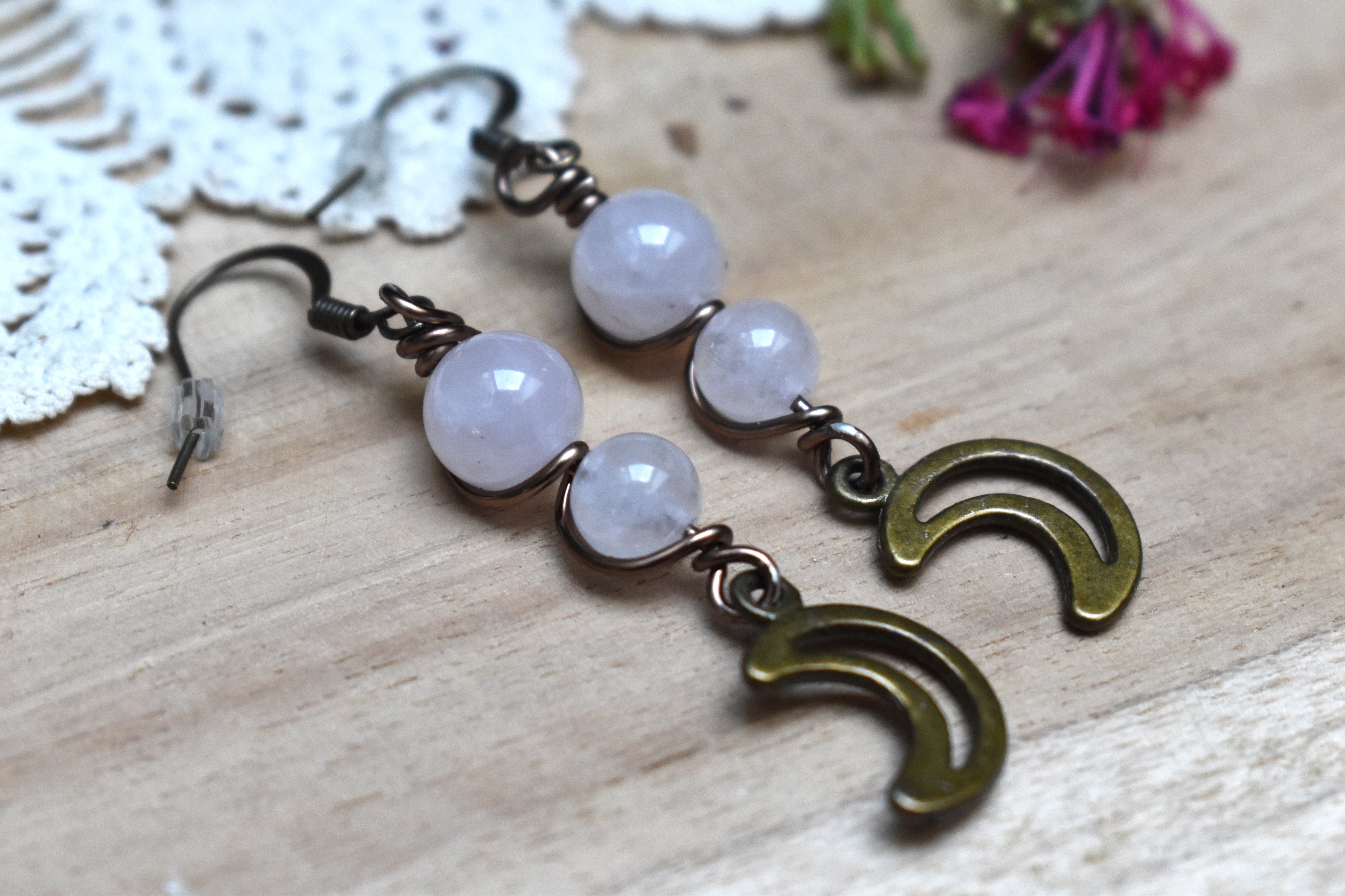Boucles d'Oreilles ~Elys~ Quartz Rose
