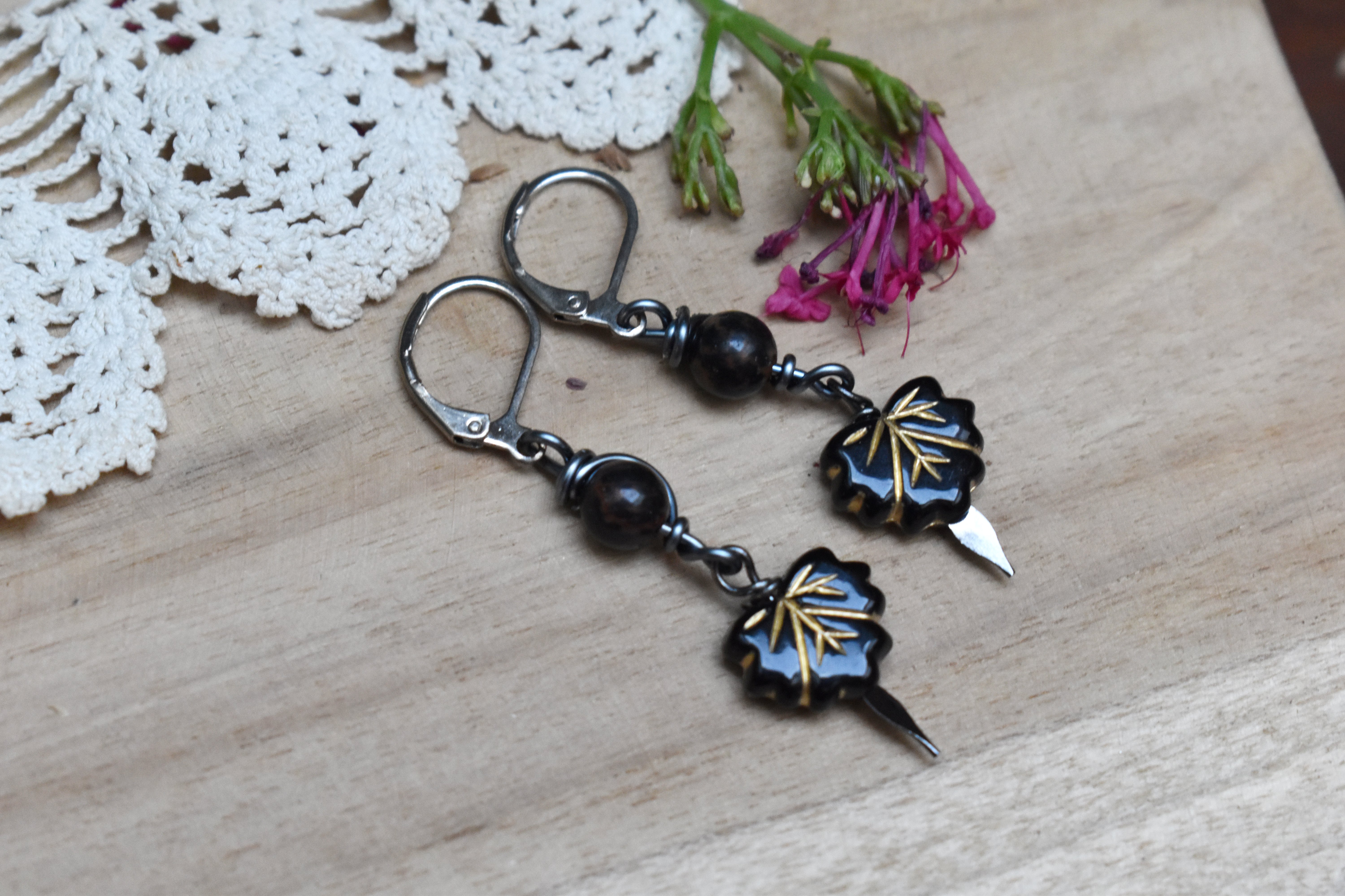 Boucles d'Oreilles ~Lyséa~ Obsidienne Acajou