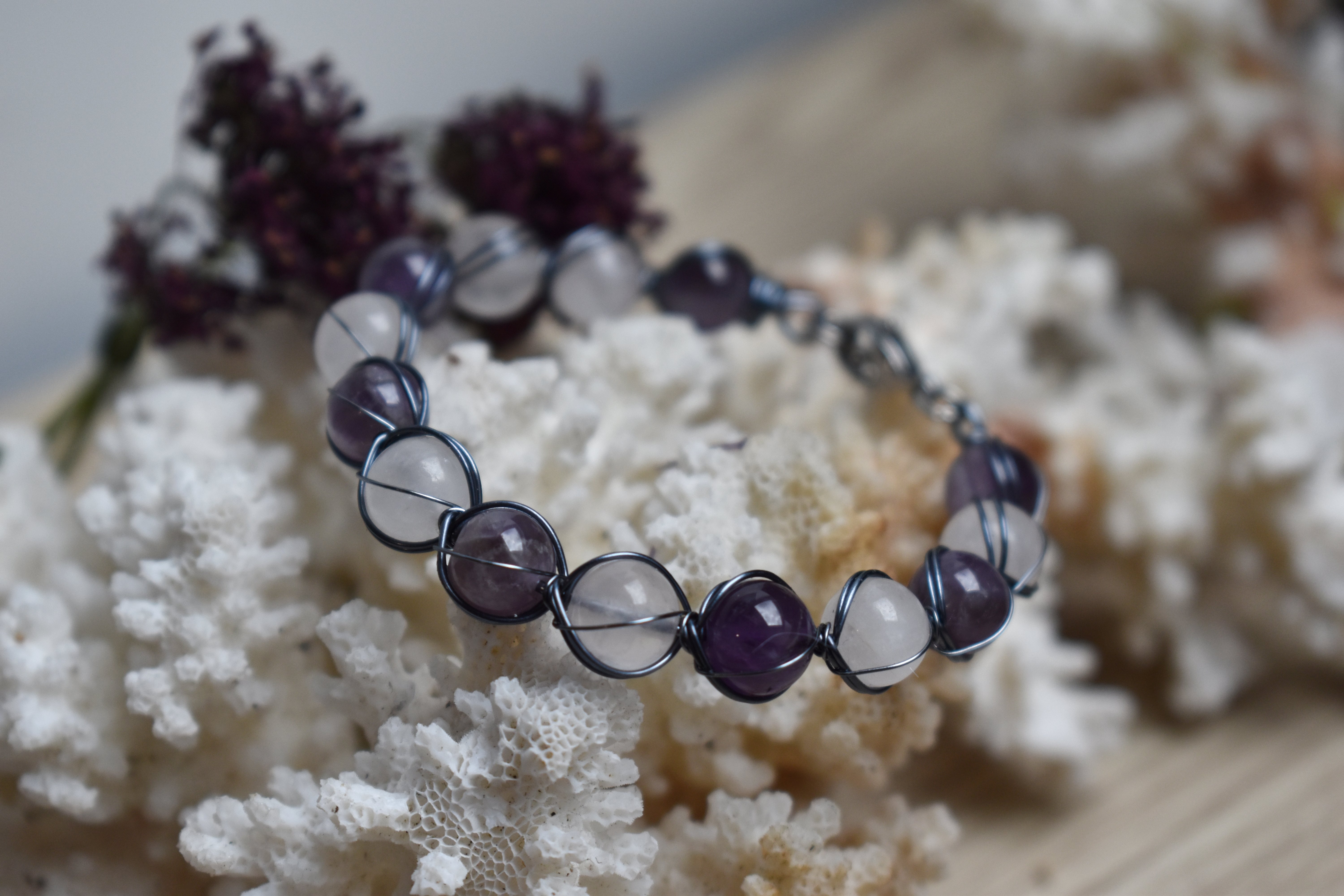 Bracelet ~Aralia~ Améthyste & Quartz Rose 