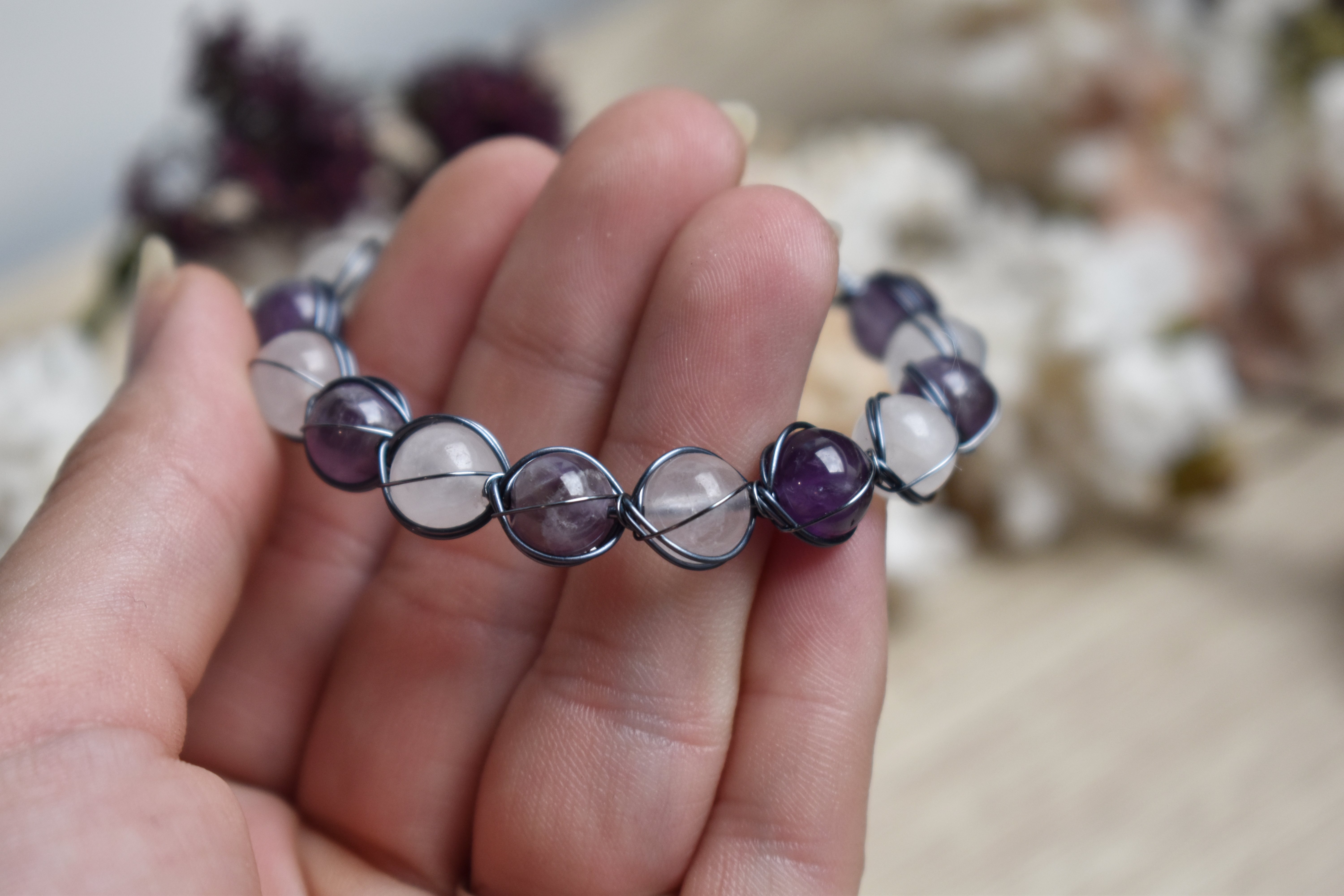 Bracelet ~Aralia~ Améthyste & Quartz Rose 