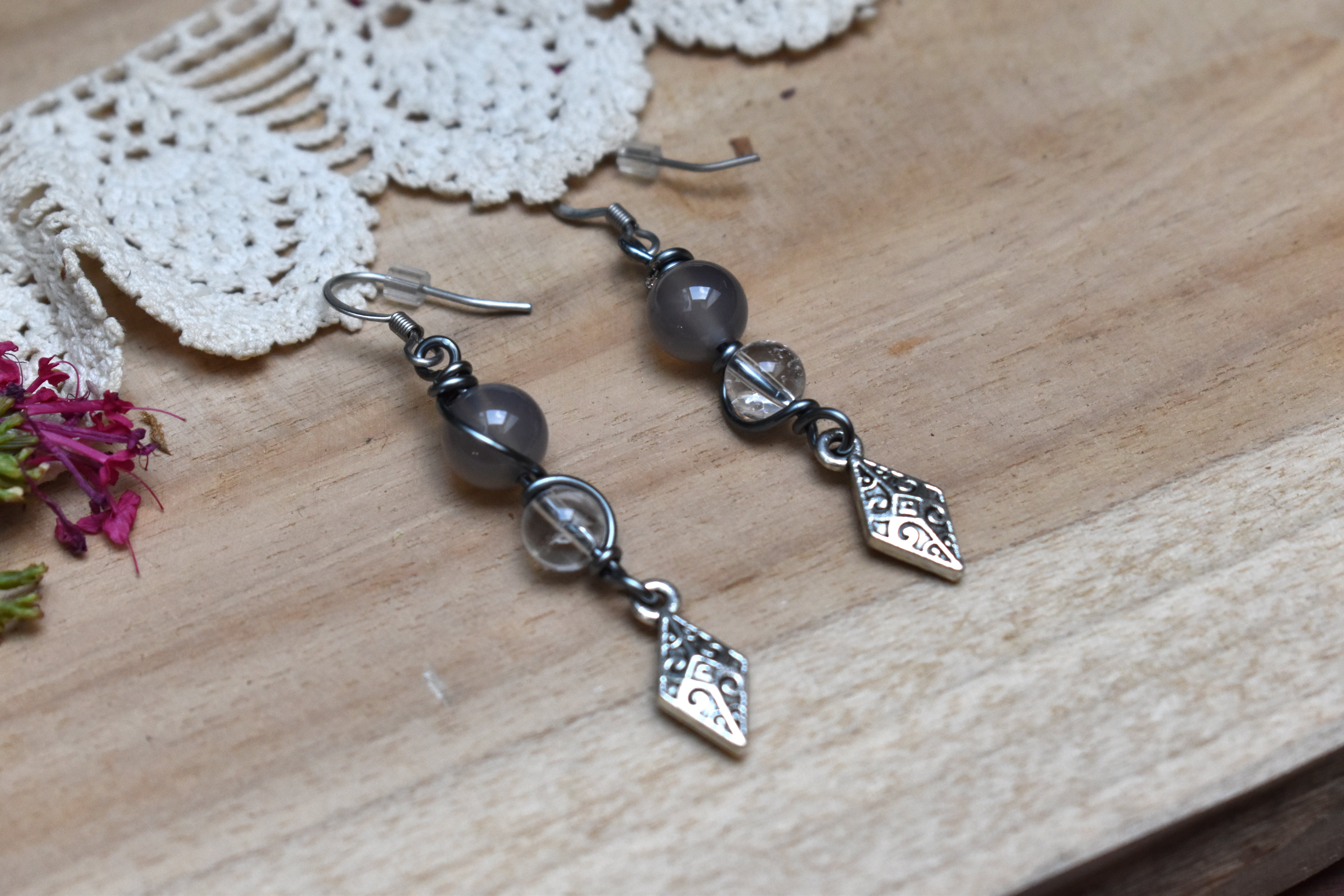 Boucles d'Oreilles ~Elys~ Agate Grise