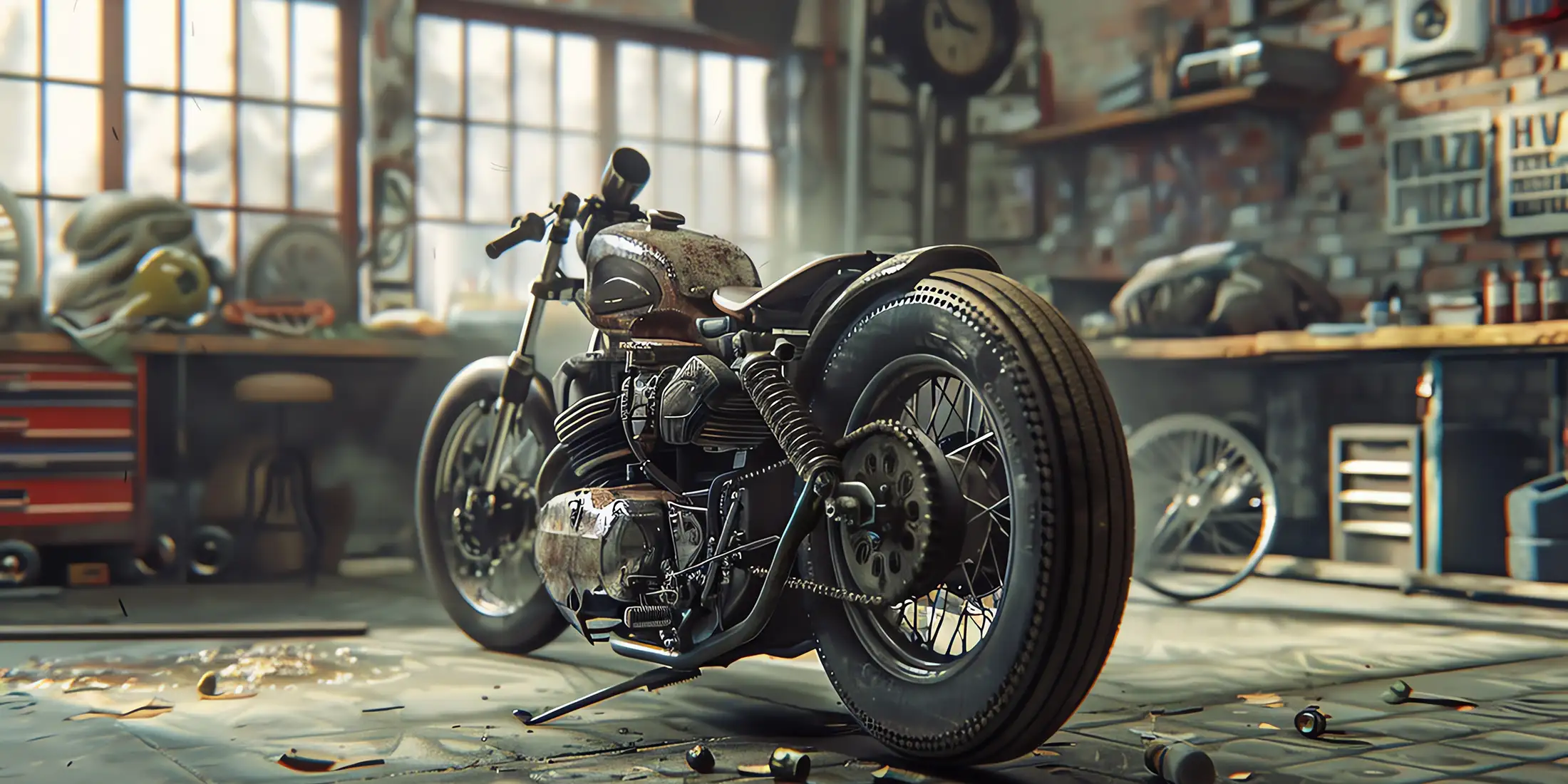 Moto dans son atelier