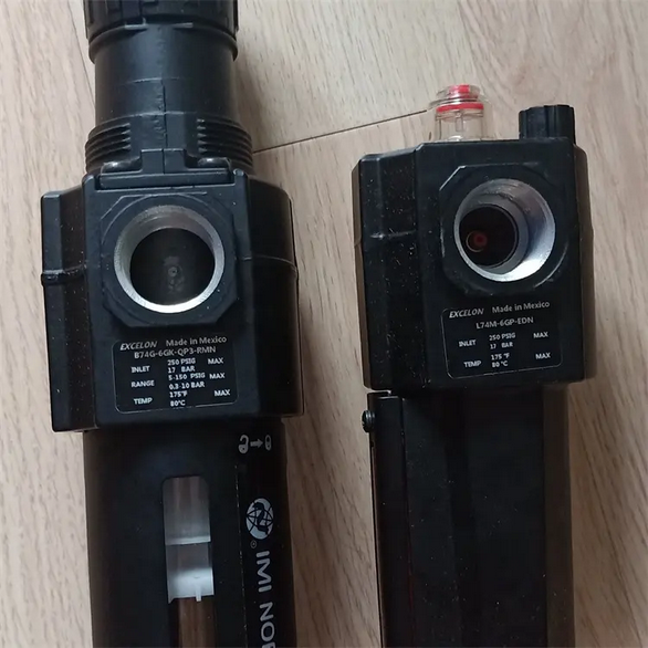 Excelon filter/regulator and lubricator combination unit, G1/2, automatic drain, 40µm filter element, with shut-off valve, gauge and bracket