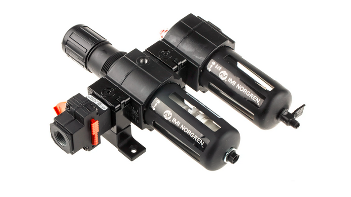 Excelon filter/regulator and lubricator combination unit, G1/2, automatic drain, 40µm filter element, with shut-off valve, gauge and bracket