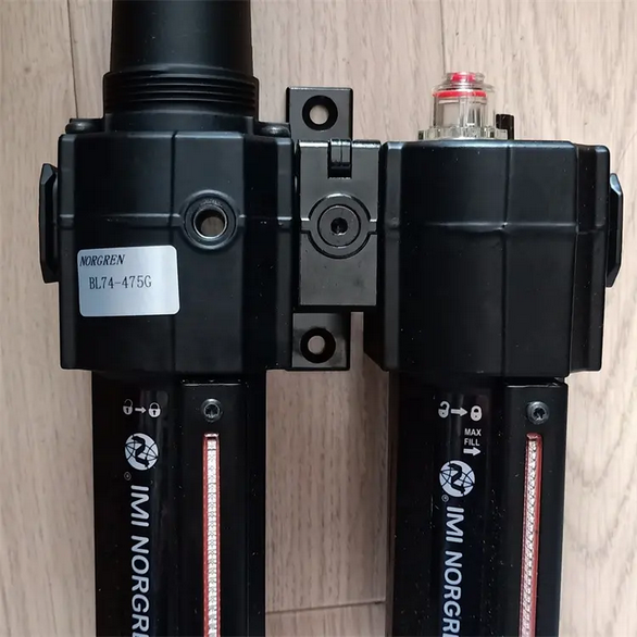 Excelon filter/regulator and lubricator combination unit, G1/2, automatic drain, 40µm filter element, with shut-off valve, gauge and bracket