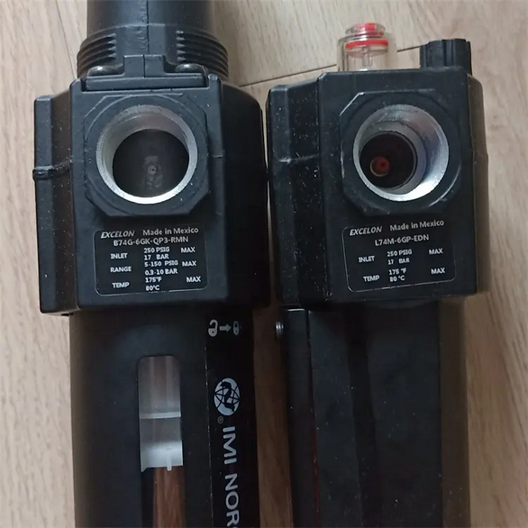 Excelon filter/regulator and lubricator combination unit, G1/2, automatic drain, 40µm filter element, with shut-off valve, gauge and bracket