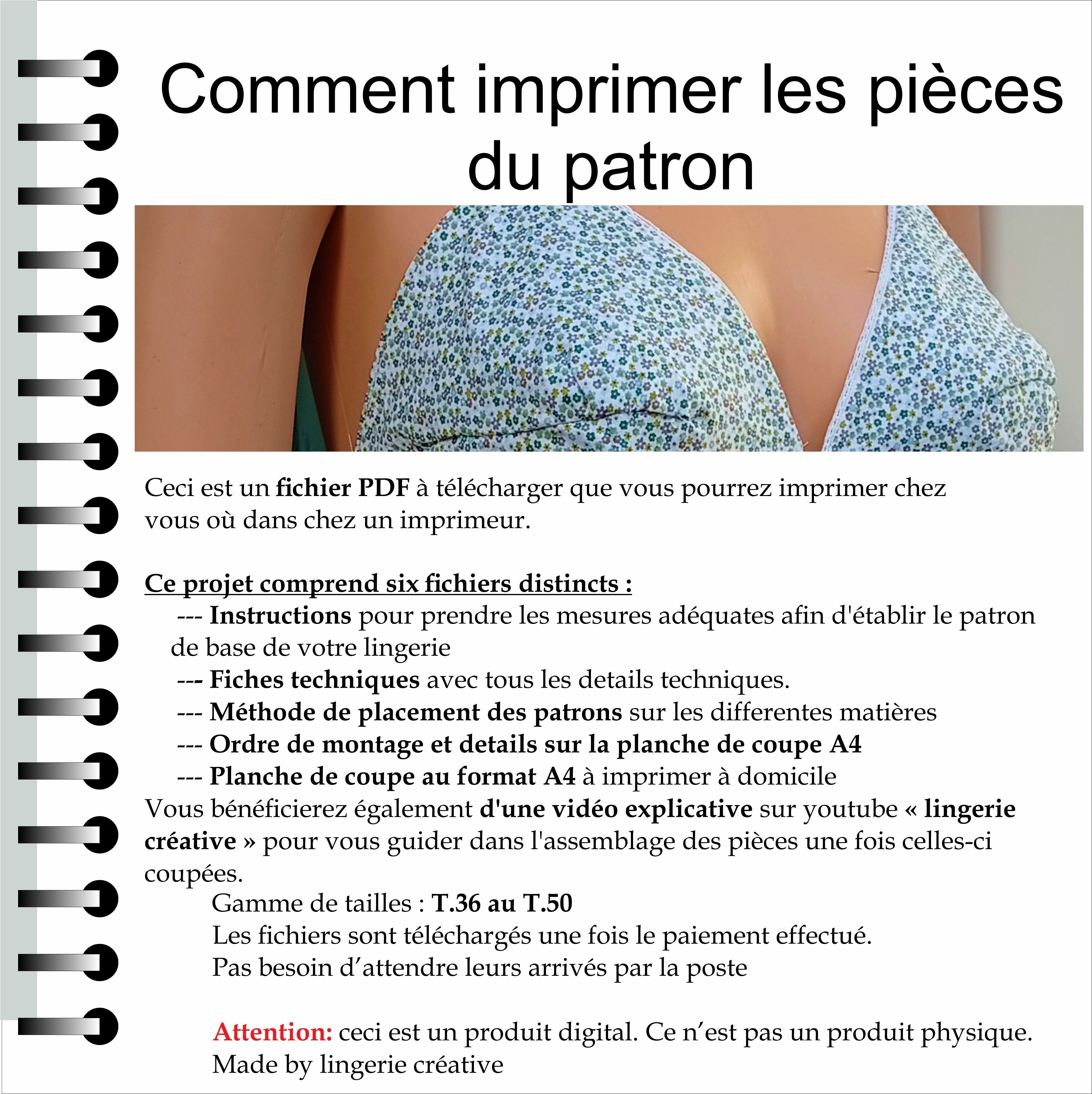 PATRON ENSEMBLE LINGERIE FEMME, SOUTIEN ET CULOTTE, TAILLE 36 A 50