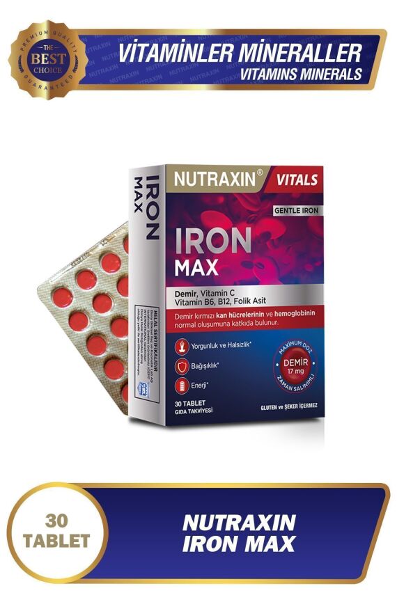 Nutraxin Iron Max Iron, Vitamin C, Vitamin B12 Supplementary Food 30 Tablets
