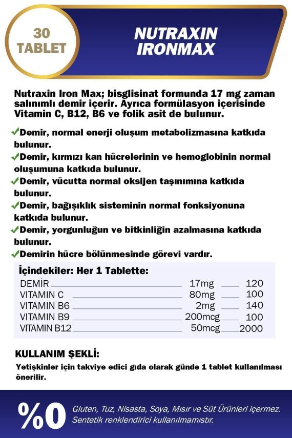 Nutraxin Iron Max Iron, Vitamin C, Vitamin B12 Supplementary Food 30 Tablets