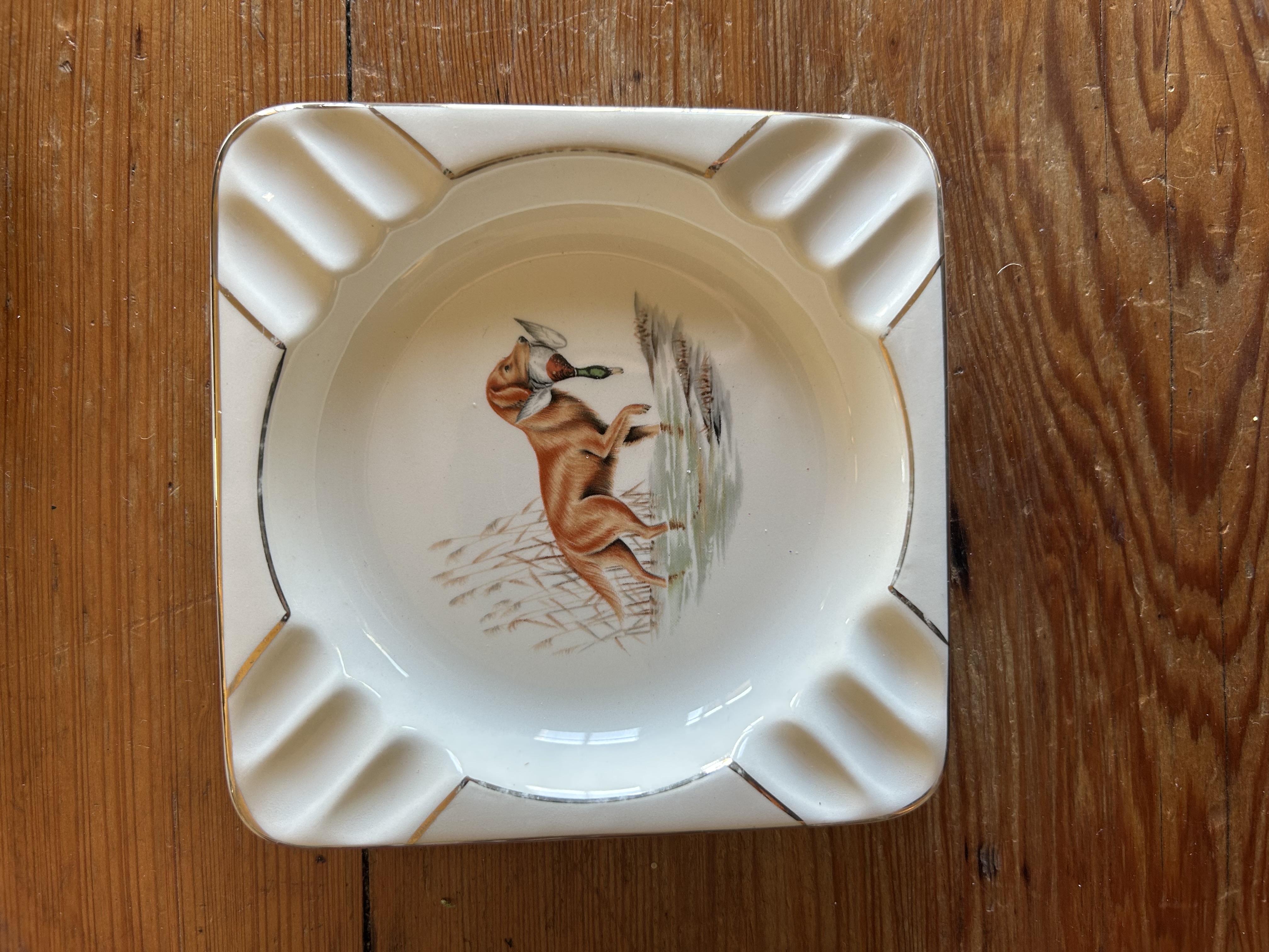 Vintage Porcelain Ashtray with Hunting Dog Motif