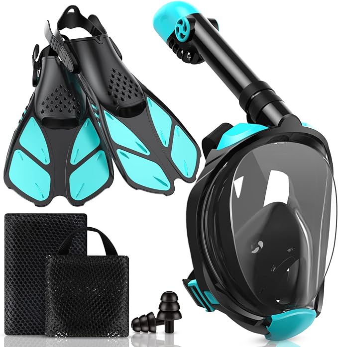 Full Face Snorkel Mask & Adjustable Swim Fins Snorkel Set, Panoramic View