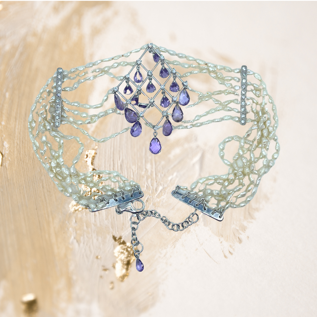 Choker de Pérola Arroz Com Diamantes e Ametista Briollet, Prata 950