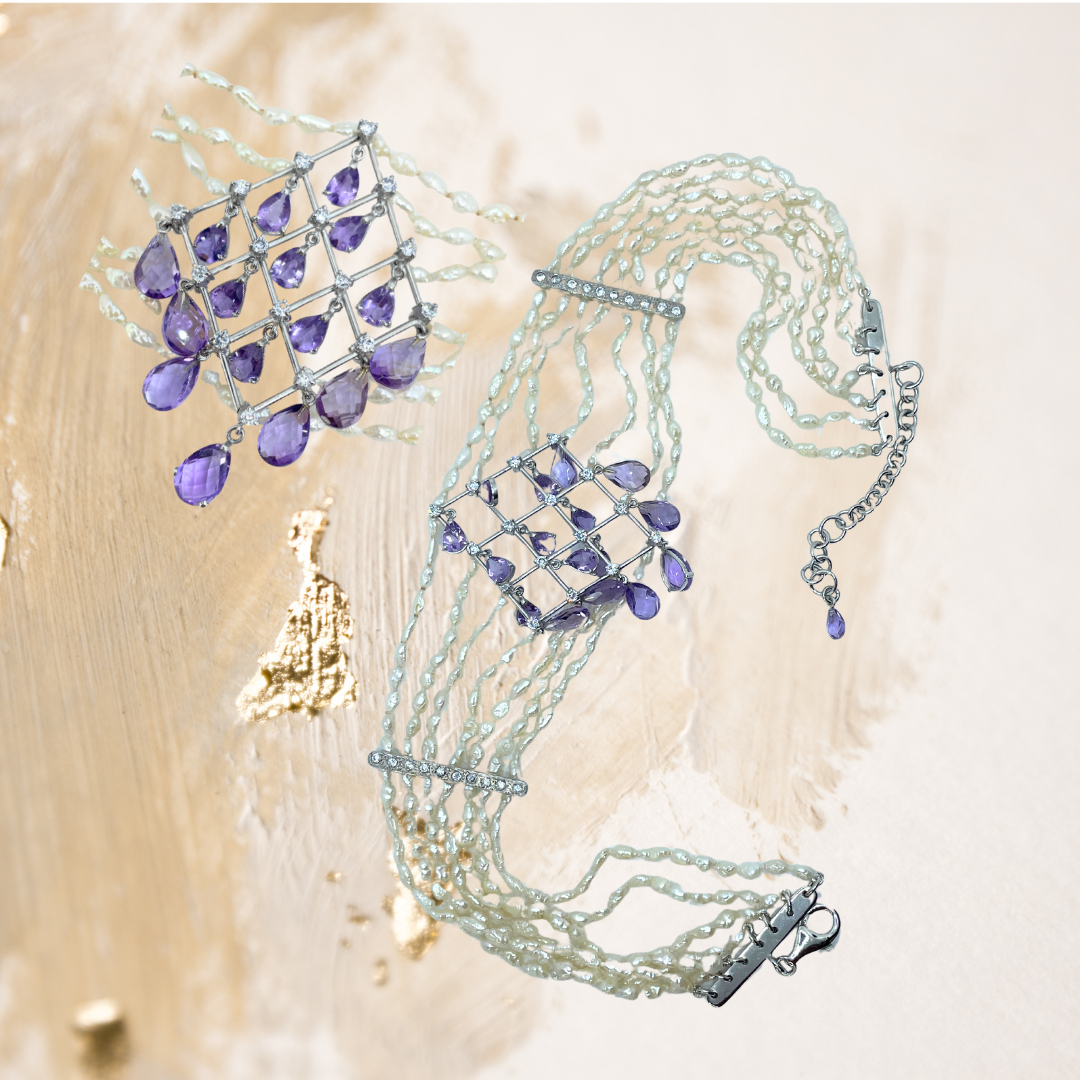 Choker de Pérola Arroz Com Diamantes e Ametista Briollet, Prata 950