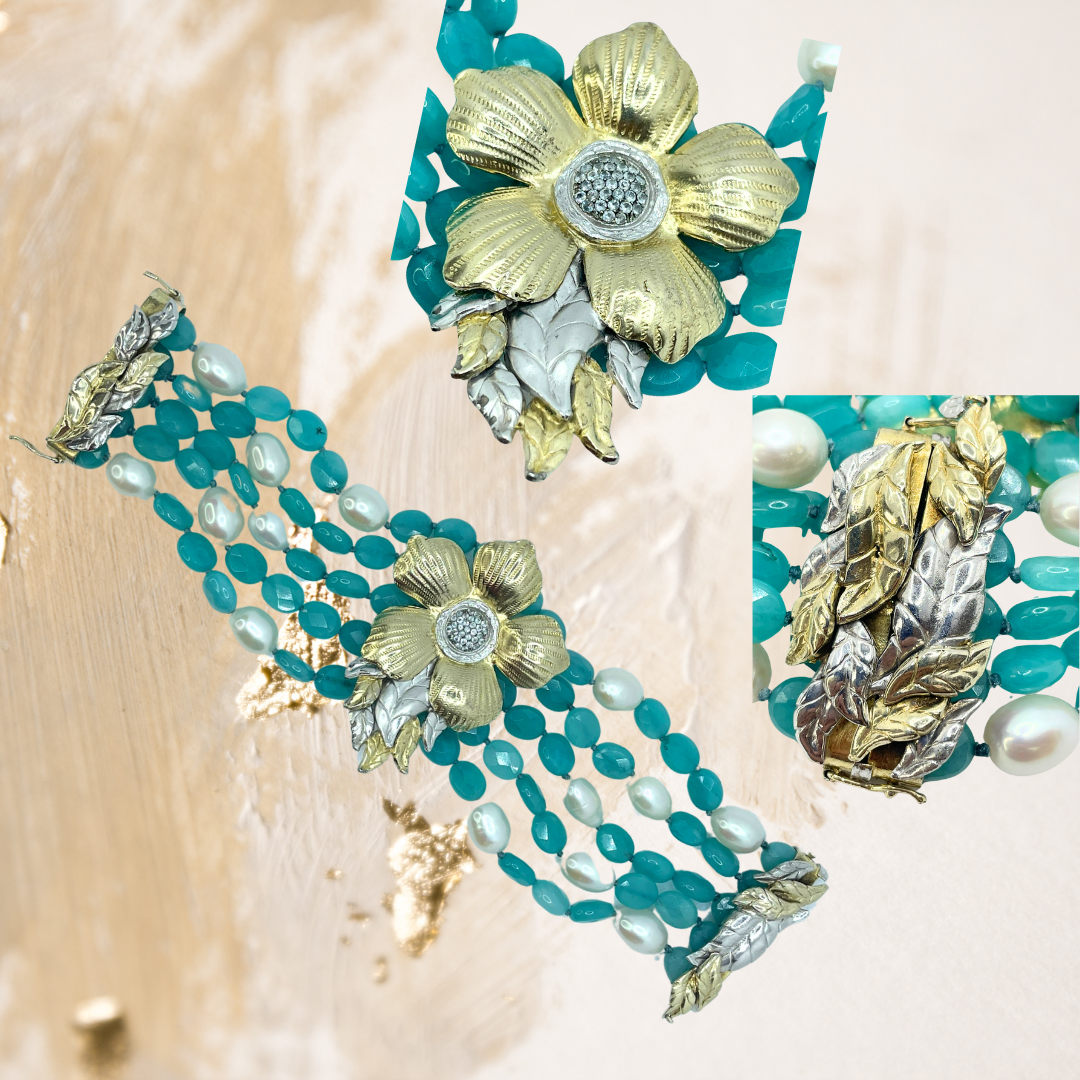 Pulseira Tiras De Pérolas e Jade Azul Com Fecho Manual  Rústico De Imã