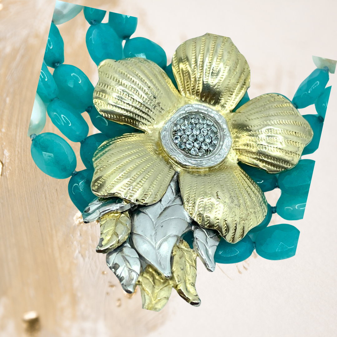 Pulseira Tiras De Pérolas e Jade Azul Com Fecho Manual  Rústico De Imã