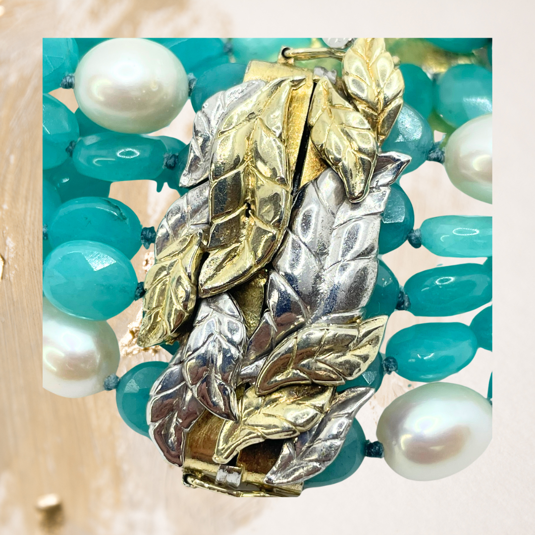 Pulseira Tiras De Pérolas e Jade Azul Com Fecho Manual  Rústico De Imã