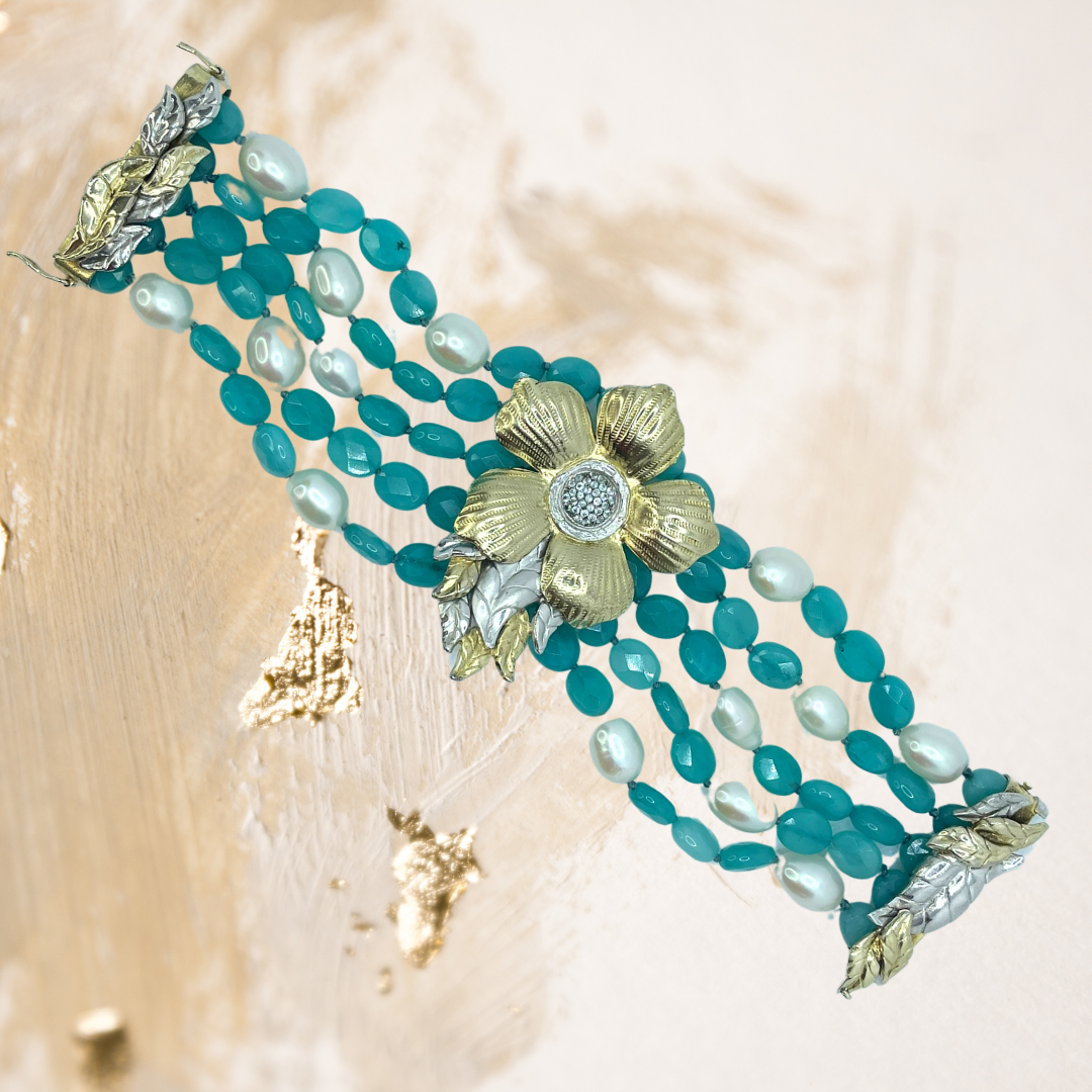 Pulseira Tiras De Pérolas e Jade Azul Com Fecho Manual  Rústico De Imã