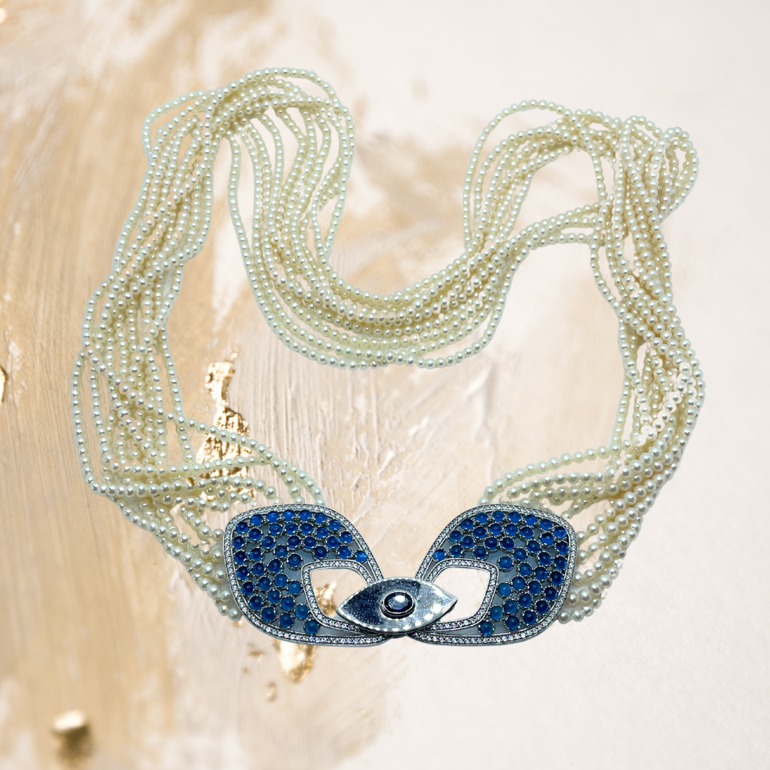 Colar pérolas, prata 950 com banho de ródio, diamantes e safiras