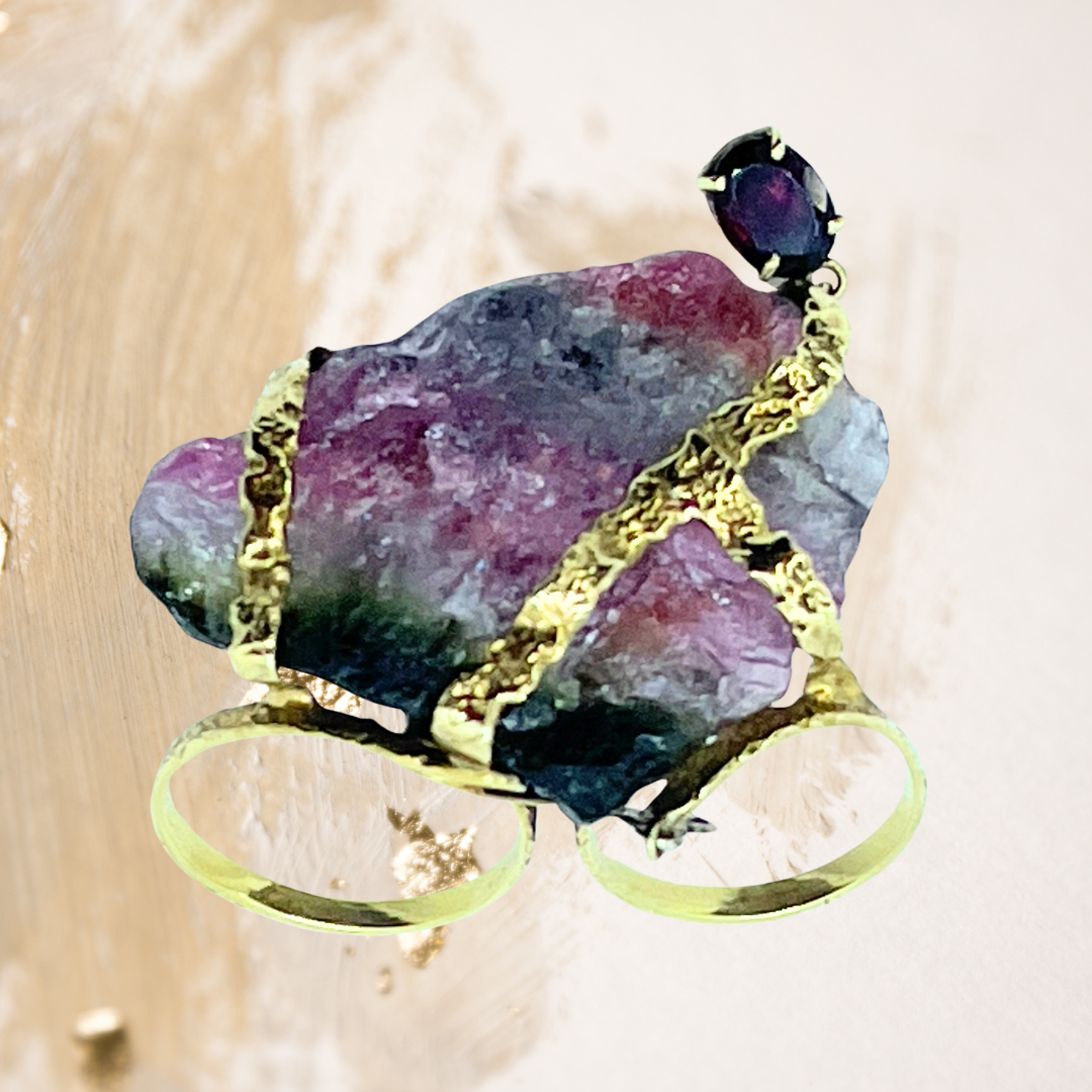 Anel ouro amarelo com turmalina tricolor in natura