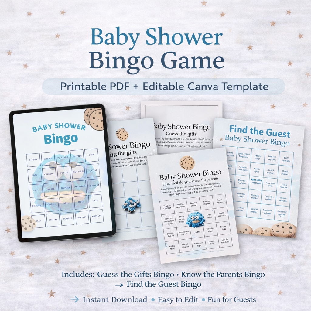  Baby Shower Bingo Game Bundle | Printable PDF + Editable Canva Template | Blue Baby Shower Games