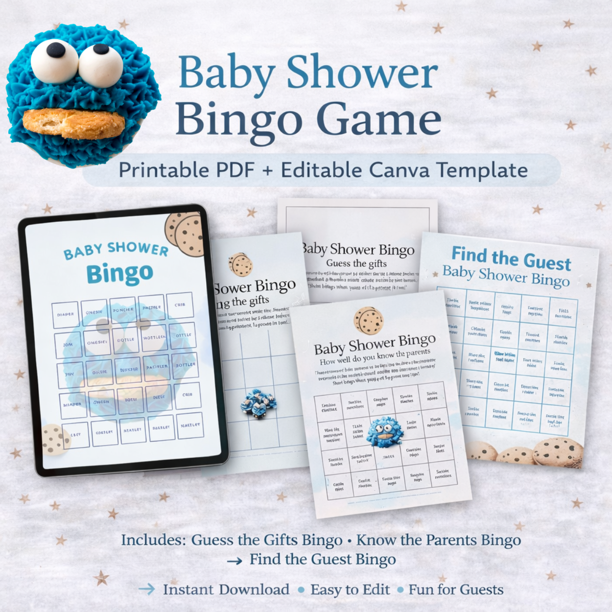  Baby Shower Bingo Game Bundle | Printable PDF + Editable Canva Template | Blue Baby Shower Games
