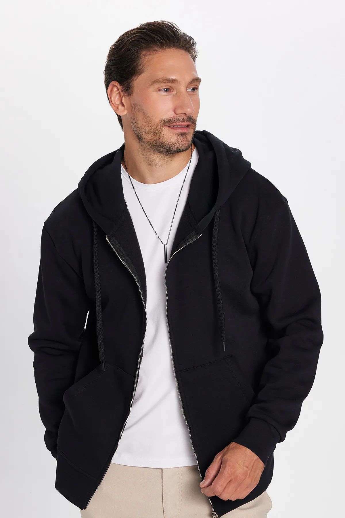 Tudors Unisex Relax Fit Comfortable Cut Cotton Fleece Lined Double Pocket Zippered Black Hooded Sweatshirt