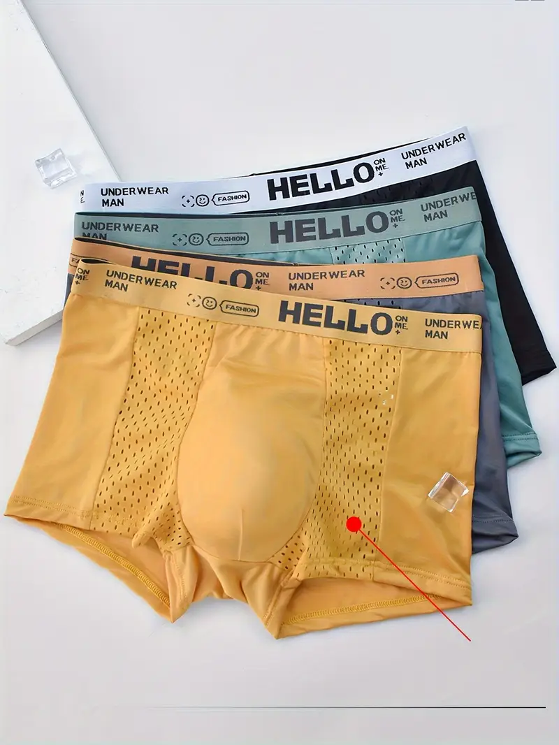 4-Pack JIANTELONG Men's Breathable Mesh Boxer Briefs - Cool, Lightweight Summer Underwear Assorted Colors "HELLO" Waist Detail, Polyester & Spandex Blend, Hand Washable, Boxer Shorts
